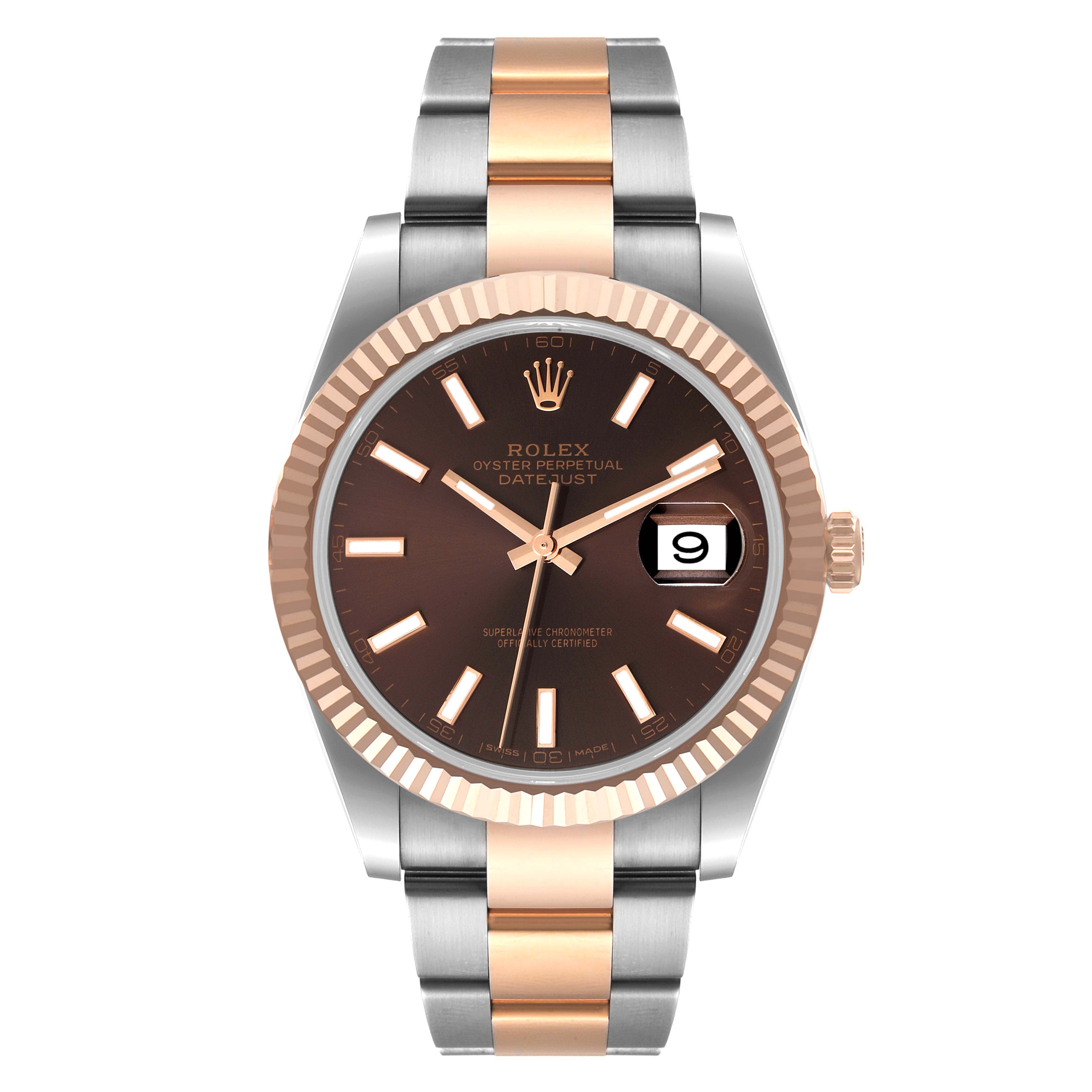 The image shows a front view of the Rolex Datejust 41 126331 Men's Steel and Gold (two tone) Brown Dial 126331 Men's Steel and Gold (two tone) Brown Dial watch, highlighting its dial, bezel, and two-tone bracelet.