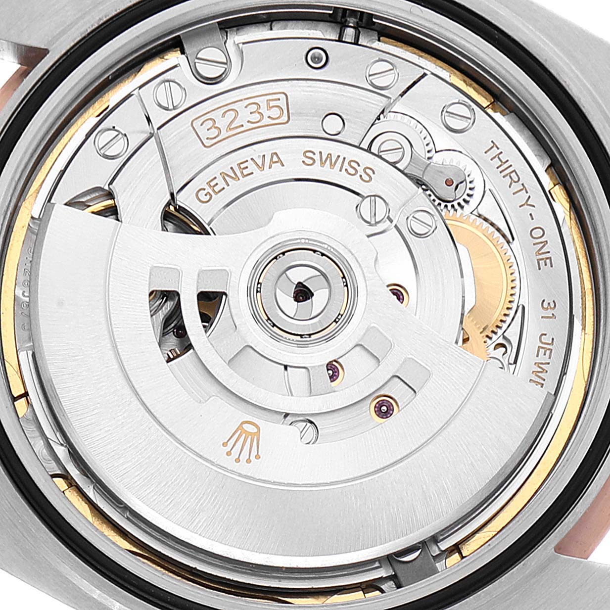 This image shows the movement mechanism of a Rolex Datejust 41 126331 Men's Steel and Gold (two tone) Brown Dial 126331 Men's Steel and Gold (two tone) Brown Dial, specifically the 3235 caliber.