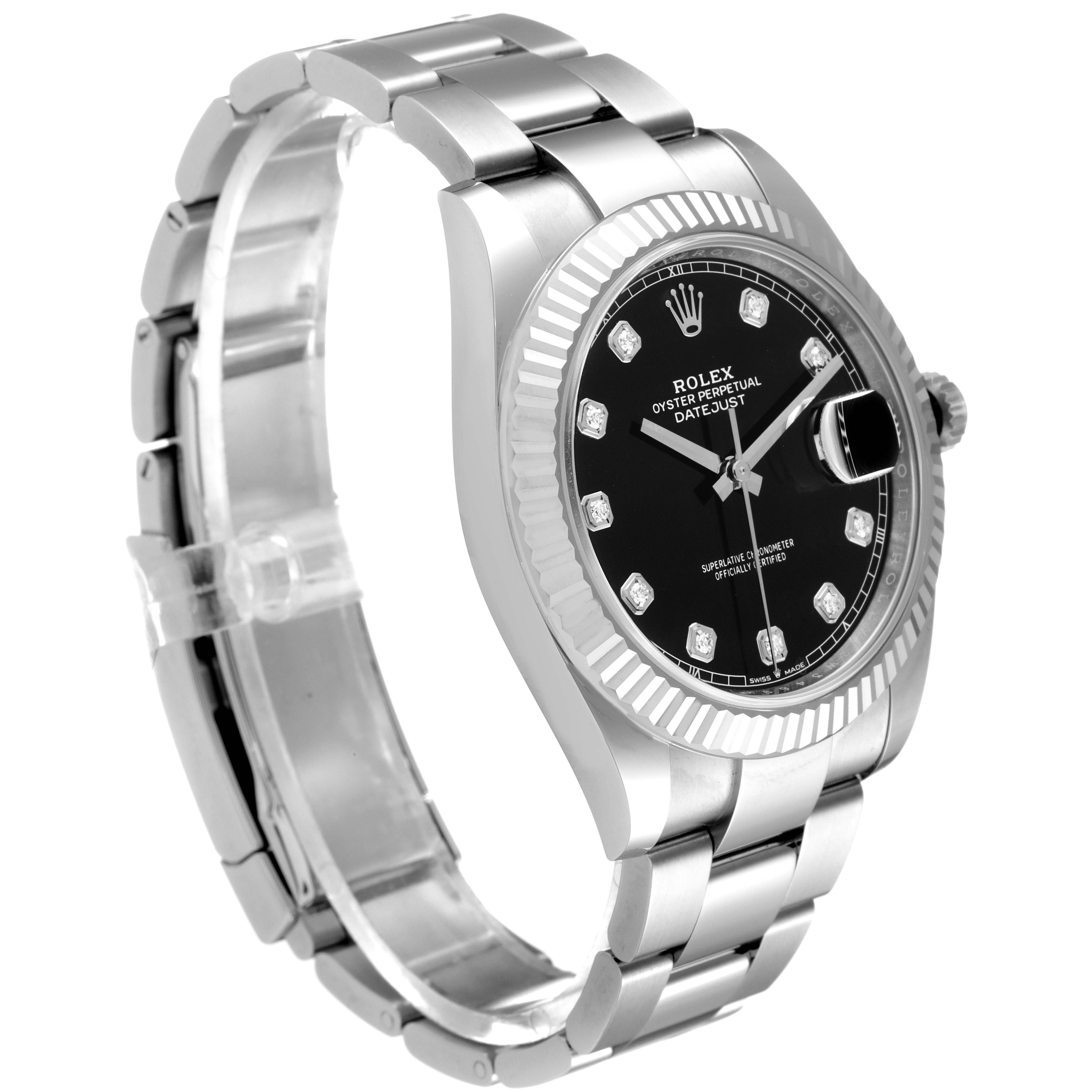 The image shows a side angle of a Rolex Datejust 41 126334 Men
s Stainless Steel Black Dial 126334 Men
s Stainless Steel Black Dial watch, highlighting its bracelet, clasp, and front dial.