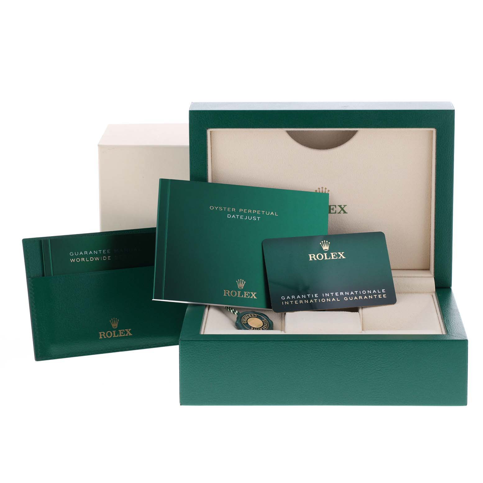 The image shows the packaging, warranty card, and manuals for the Rolex Datejust 41 126334 Men
s Stainless Steel Black Dial 126334 Men
s Stainless Steel Black Dial model.