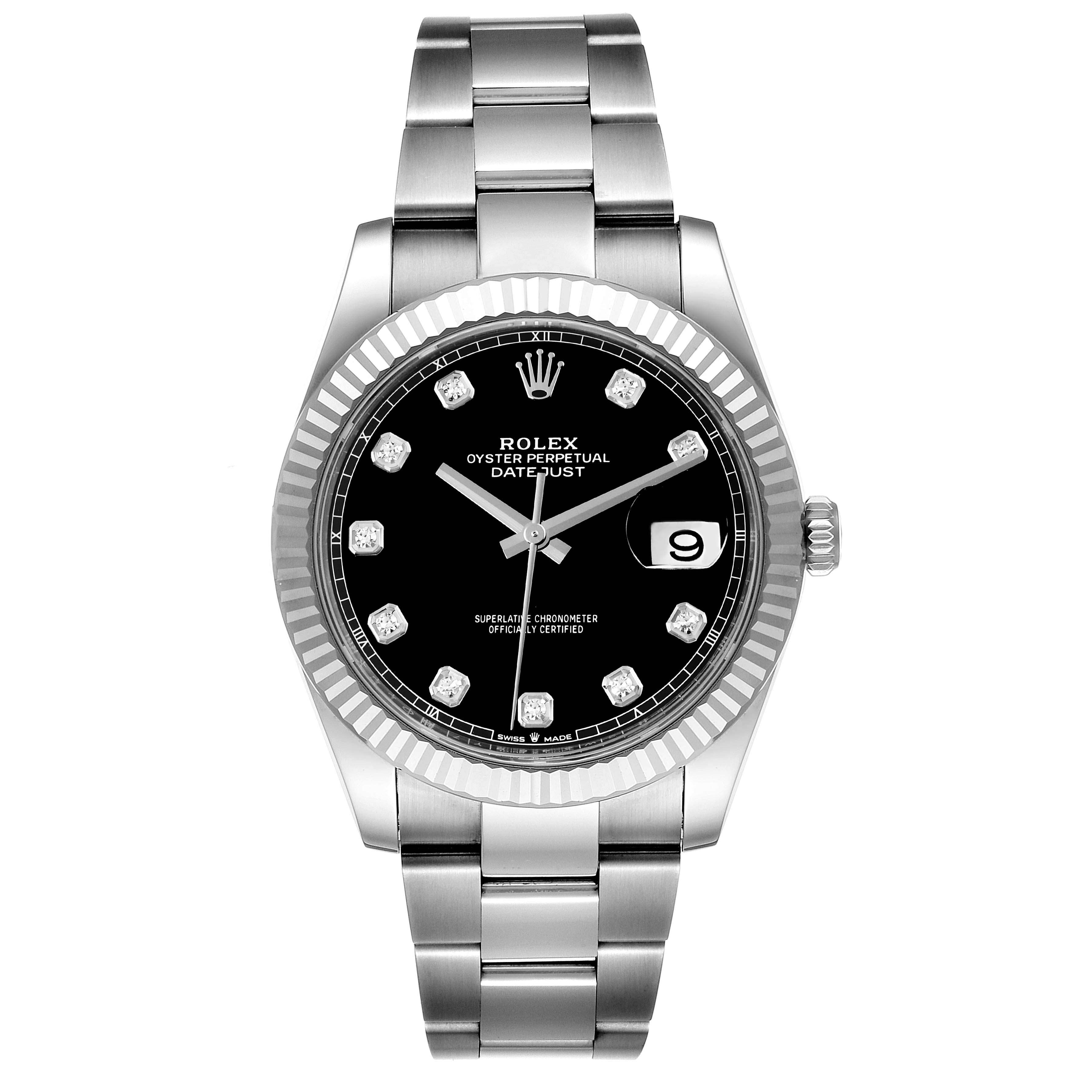 The Rolex Datejust 41 126334 Men
s Stainless Steel Black Dial 126334 Men
s Stainless Steel Black Dial watch is shown from the front, displaying its black dial, fluted bezel, and stainless steel bracelet.