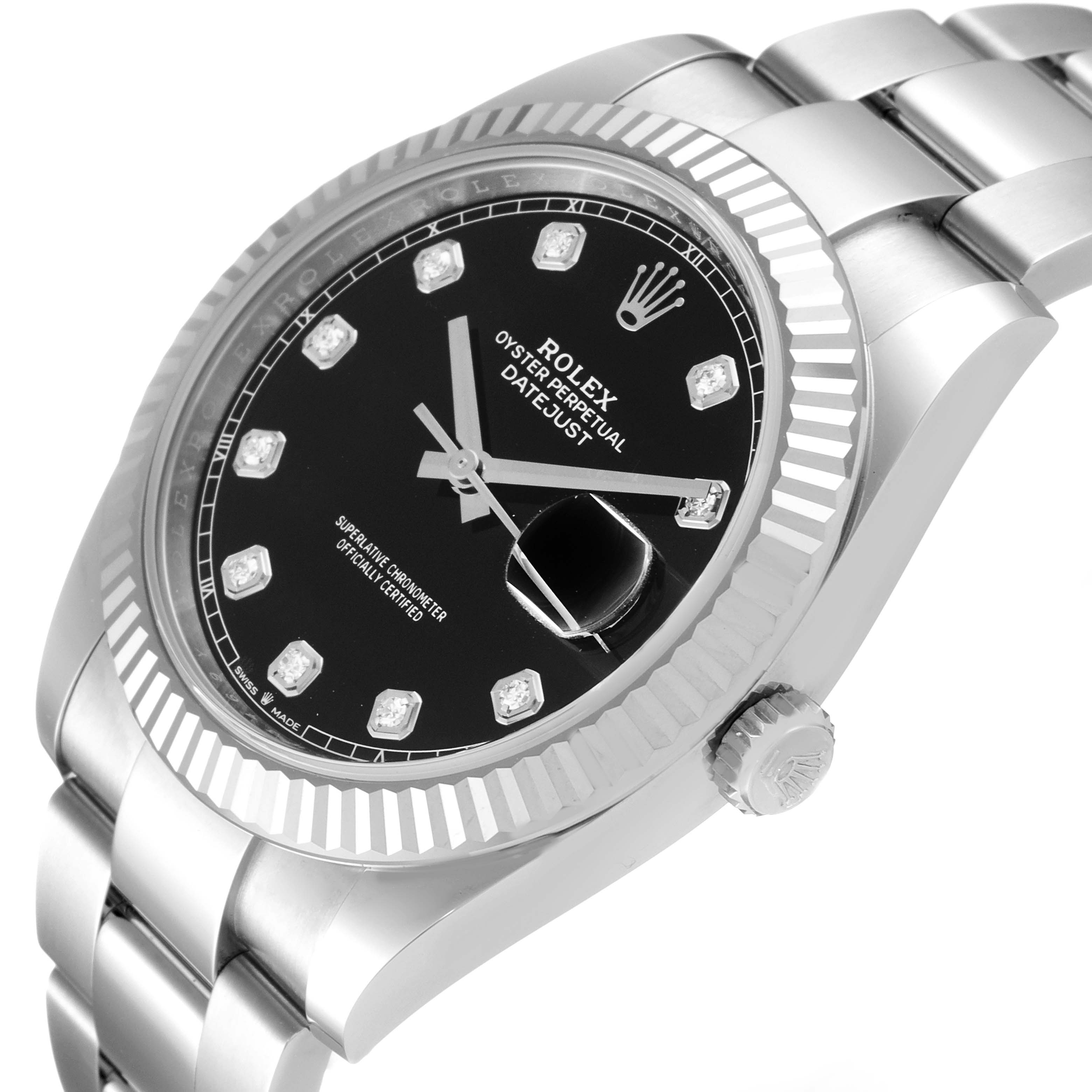 The Rolex Datejust 41 126334 Men
s Stainless Steel Black Dial 126334 Men
s Stainless Steel Black Dial watch is shown at a slight angle, highlighting its black dial, fluted bezel, crown, and part of its bracelet.