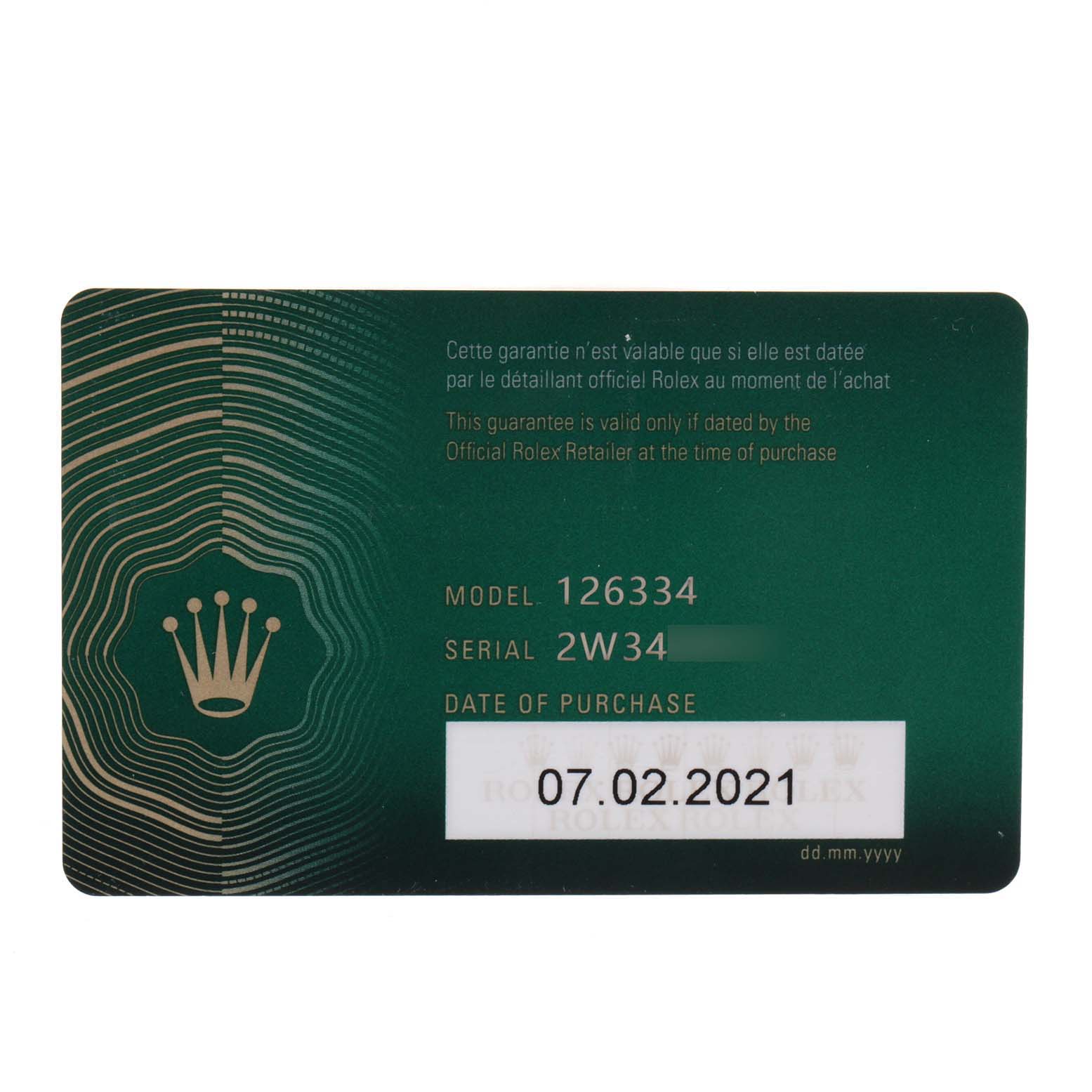 This image shows the warranty card for a Rolex Datejust 41 126334 Men
s Stainless Steel Black Dial 126334 Men
s Stainless Steel Black Dial model, including the model number, serial number, and date of purchase.