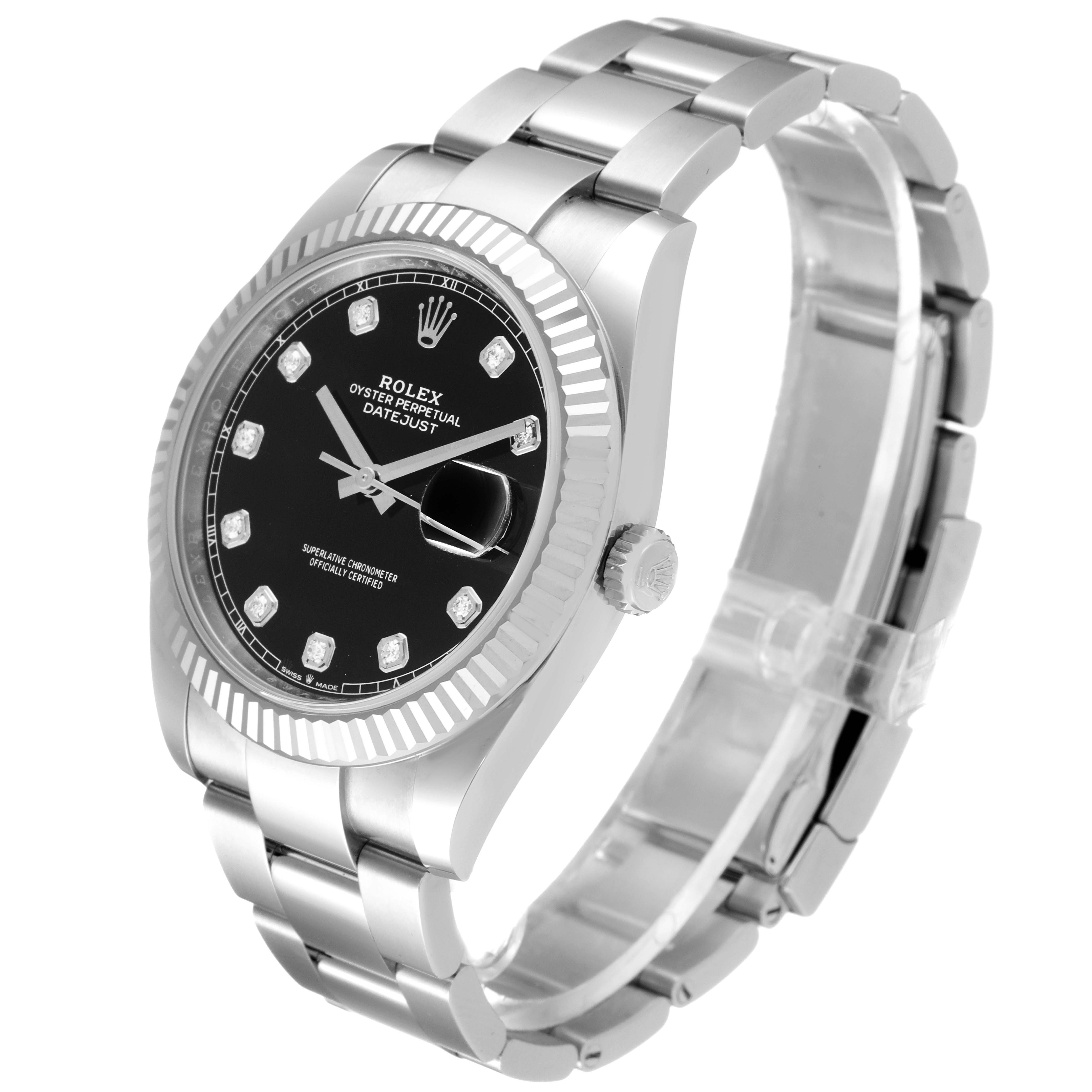 The image shows a Rolex Datejust 41 126334 Men
s Stainless Steel Black Dial 126334 Men
s Stainless Steel Black Dial watch from a side-angle, featuring its dial, bezel, crown, and bracelet.