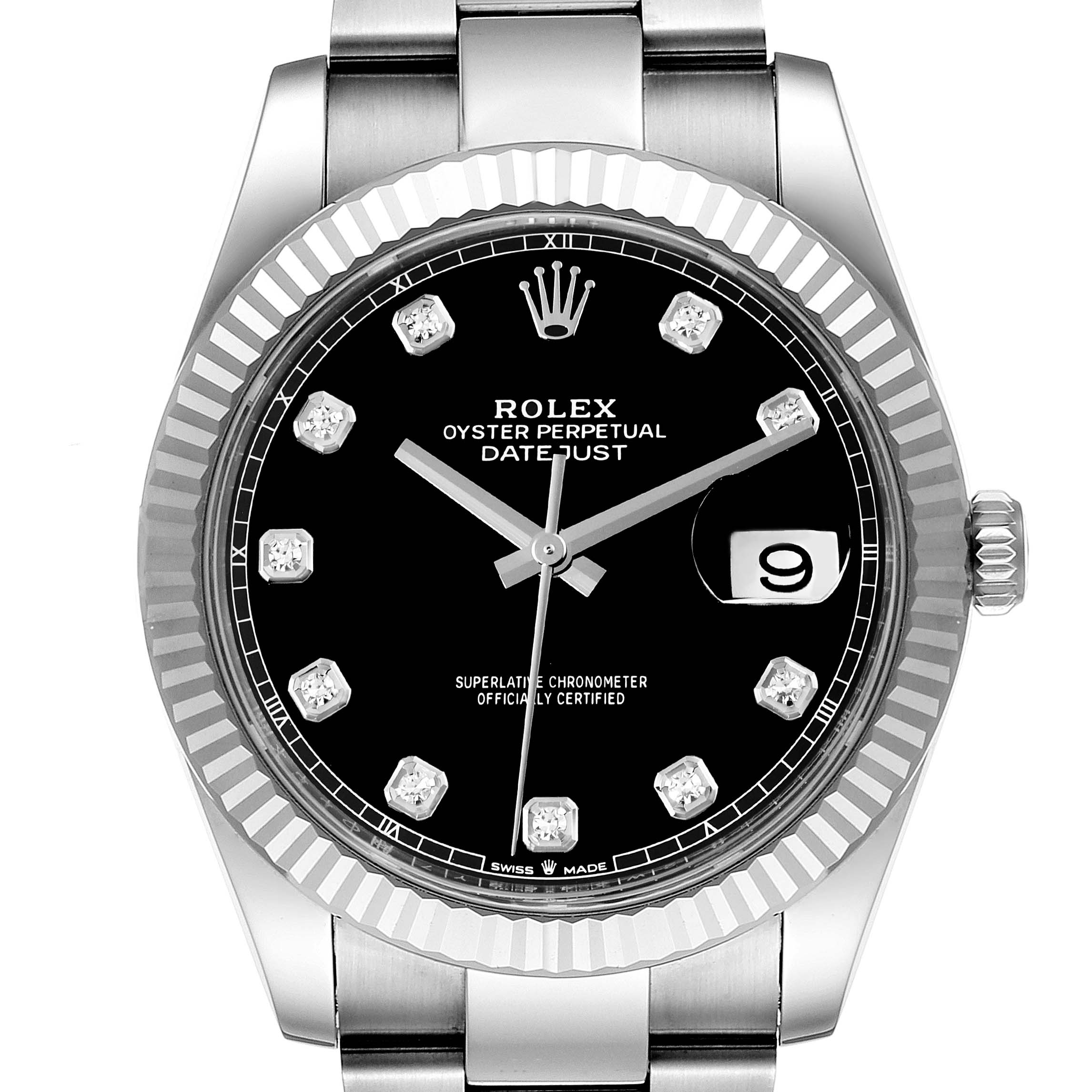 This image shows a front view of a Rolex Datejust 41 126334 Men
s Stainless Steel Black Dial 126334 Men
s Stainless Steel Black Dial watch, featuring its dial, bezel, crown, and part of the bracelet.