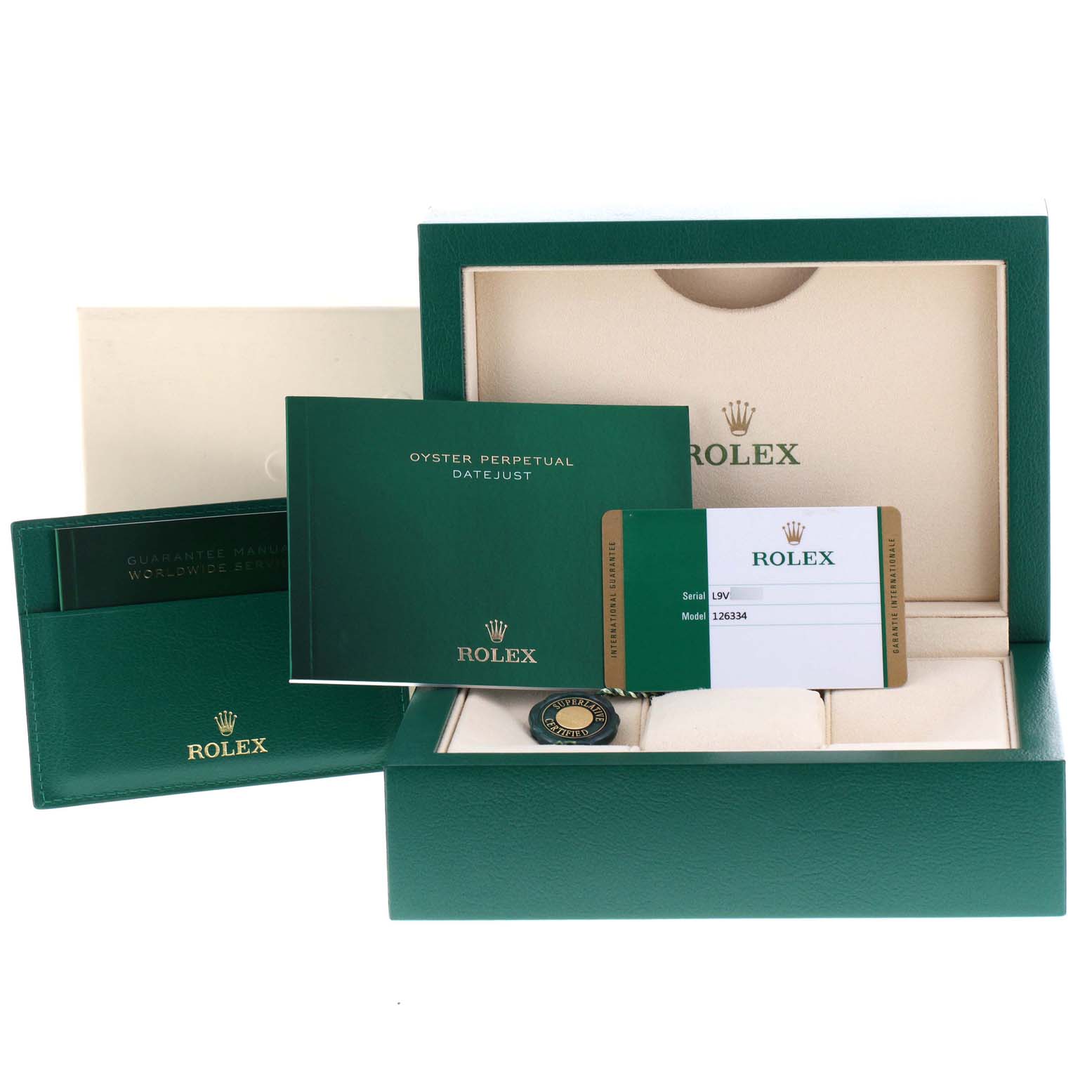 The image shows the Rolex Datejust 41 126334 Men
s Stainless Steel Black Dial 126334 Men
s Stainless Steel Black Dial packaging and accessories, including the box, manuals, warranty card, and tag.