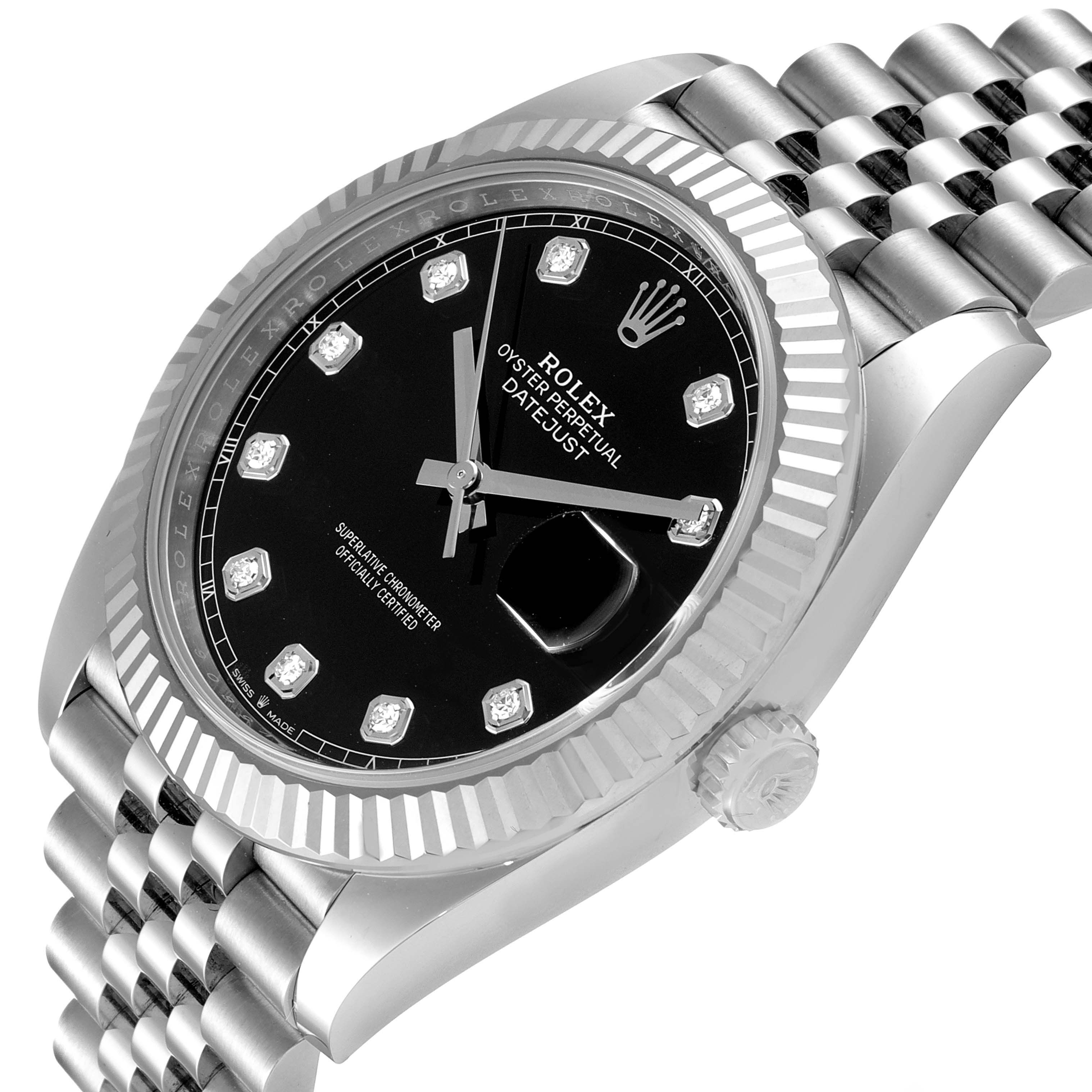 This image shows a close-up angle of the dial, bezel, crown, and part of the bracelet of a Rolex Datejust 41 126334 Men
s Stainless Steel Black Dial 126334 Men
s Stainless Steel Black Dial watch.