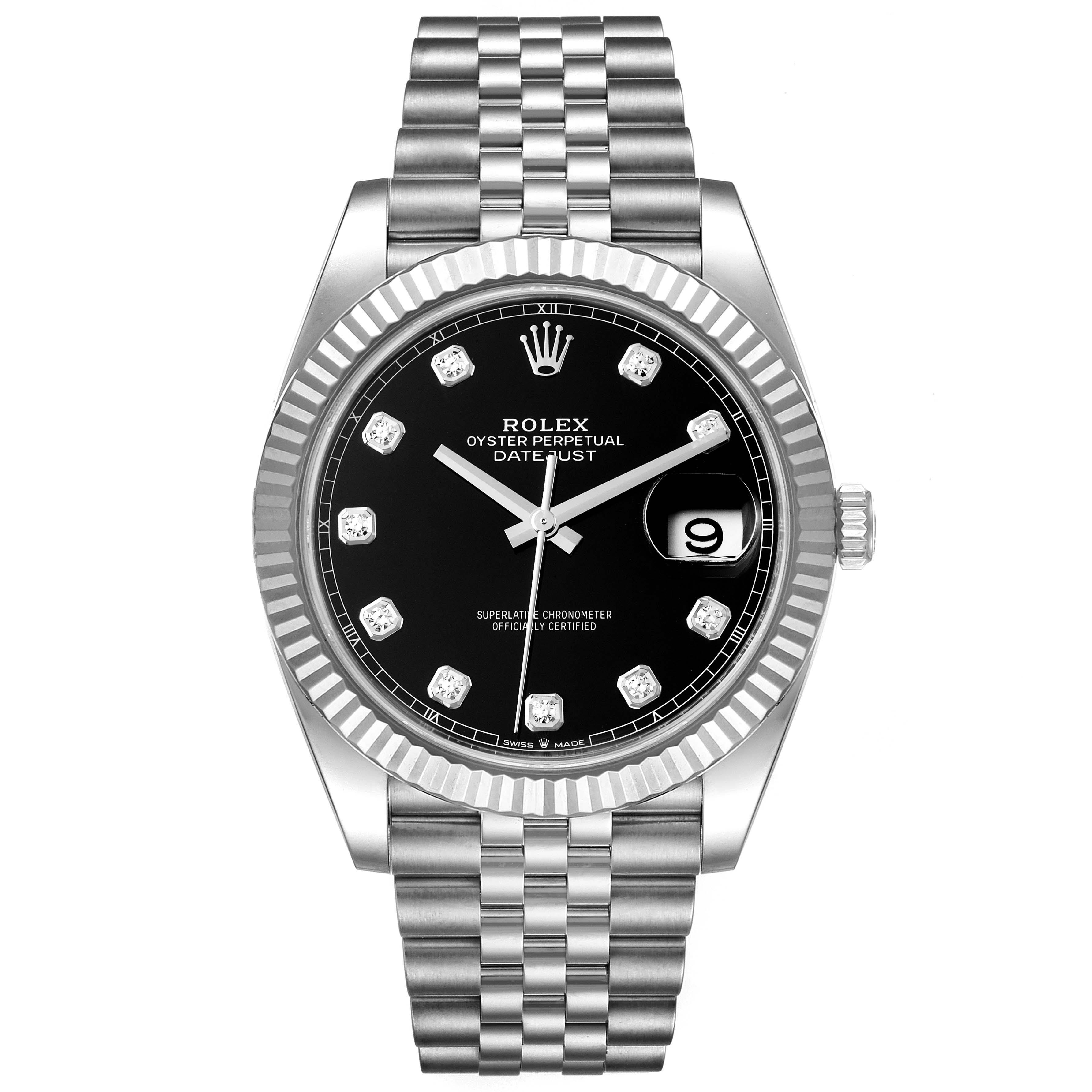 The image shows a front view of a Rolex Datejust 41 126334 Men
s Stainless Steel Black Dial 126334 Men
s Stainless Steel Black Dial watch, displaying its bracelet, dial, hands, date window, and bezel.
