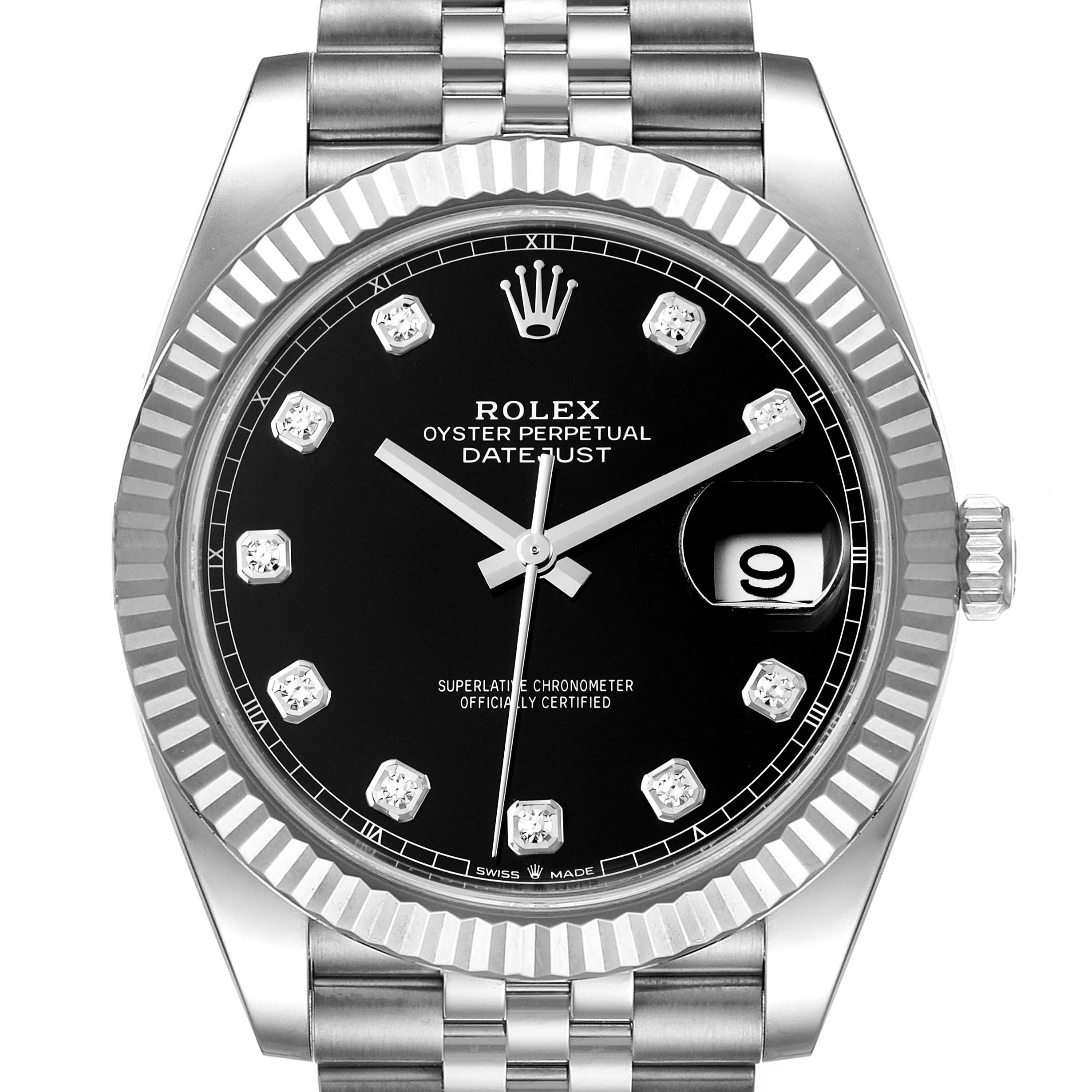 The image shows a frontal view of the Rolex Datejust 41 126334 Men
s Stainless Steel Black Dial 126334 Men
s Stainless Steel Black Dial model with a black dial, diamond hour markers, and a fluted bezel.