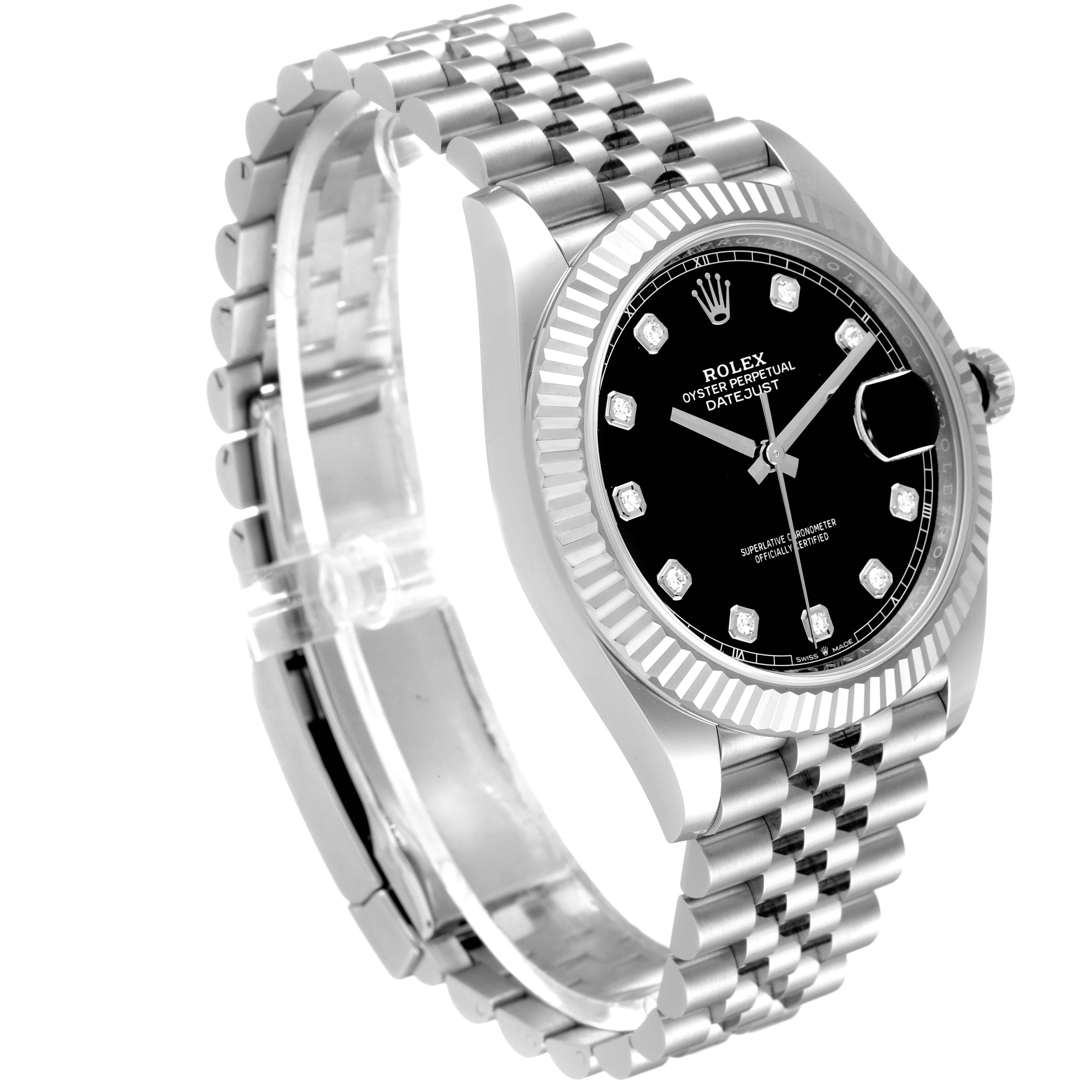 The image shows a Rolex Datejust 41 126334 Men
s Stainless Steel Black Dial 126334 Men
s Stainless Steel Black Dial model from a three-quarter view, highlighting the black dial, fluted bezel, and jubilee bracelet.