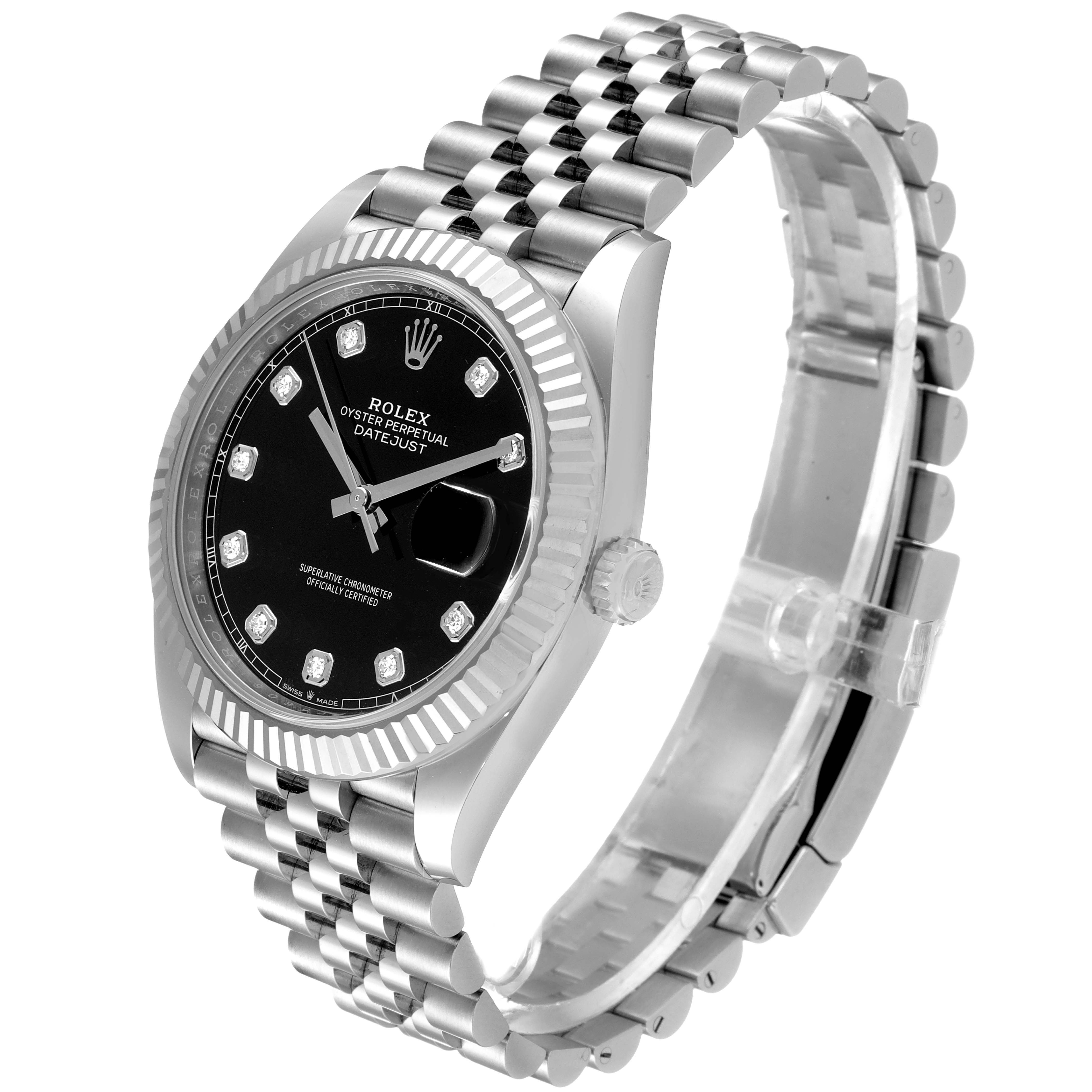The Rolex Datejust 41 126334 Men
s Stainless Steel Black Dial 126334 Men
s Stainless Steel Black Dial watch is shown at an angle, highlighting its black dial with diamond hour markers and Jubilee bracelet.