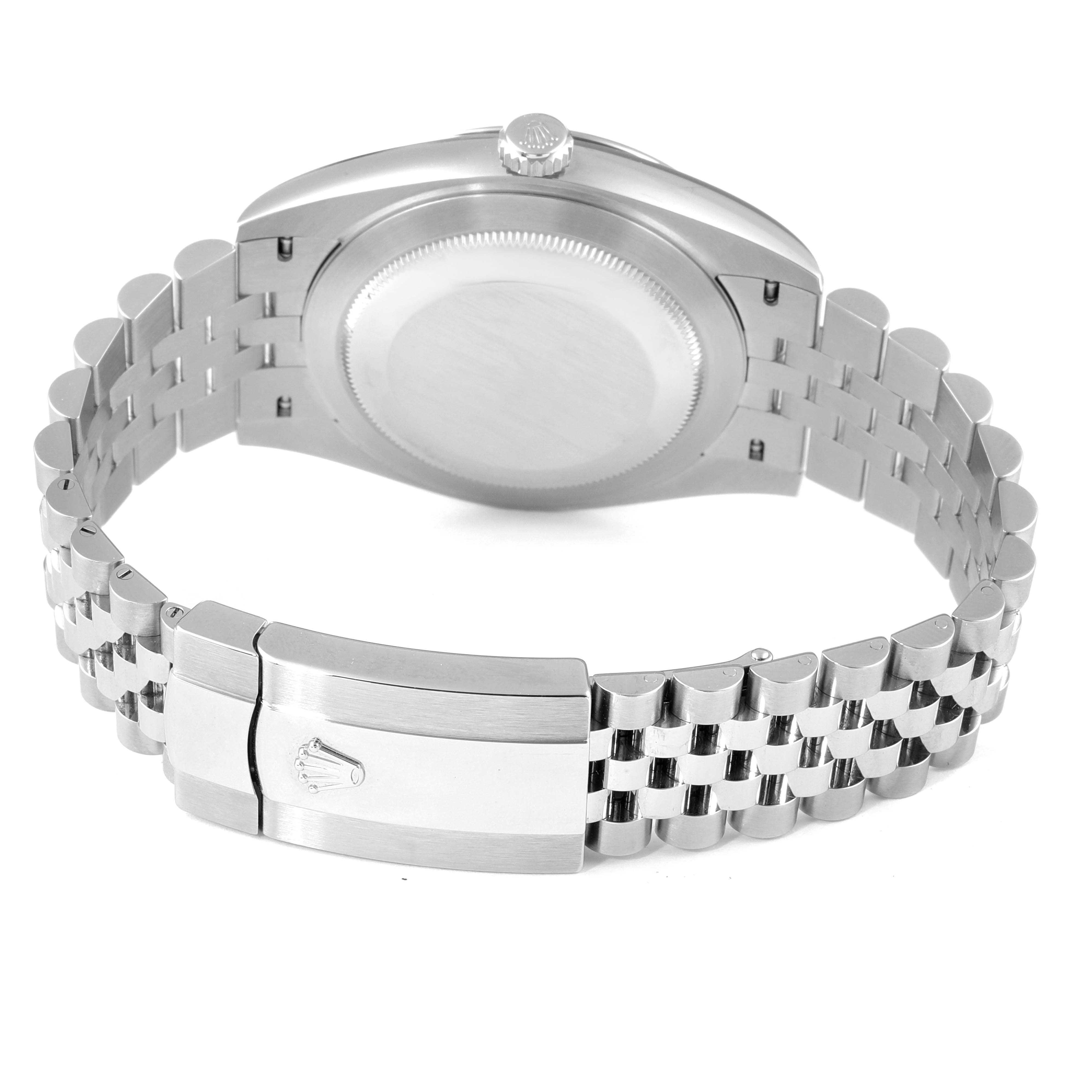 The image shows the back of a Rolex Datejust 41 126334 Men
s Stainless Steel Black Dial 126334 Men
s Stainless Steel Black Dial watch, including its caseback and Jubilee bracelet with a clasp featuring the Rolex logo.