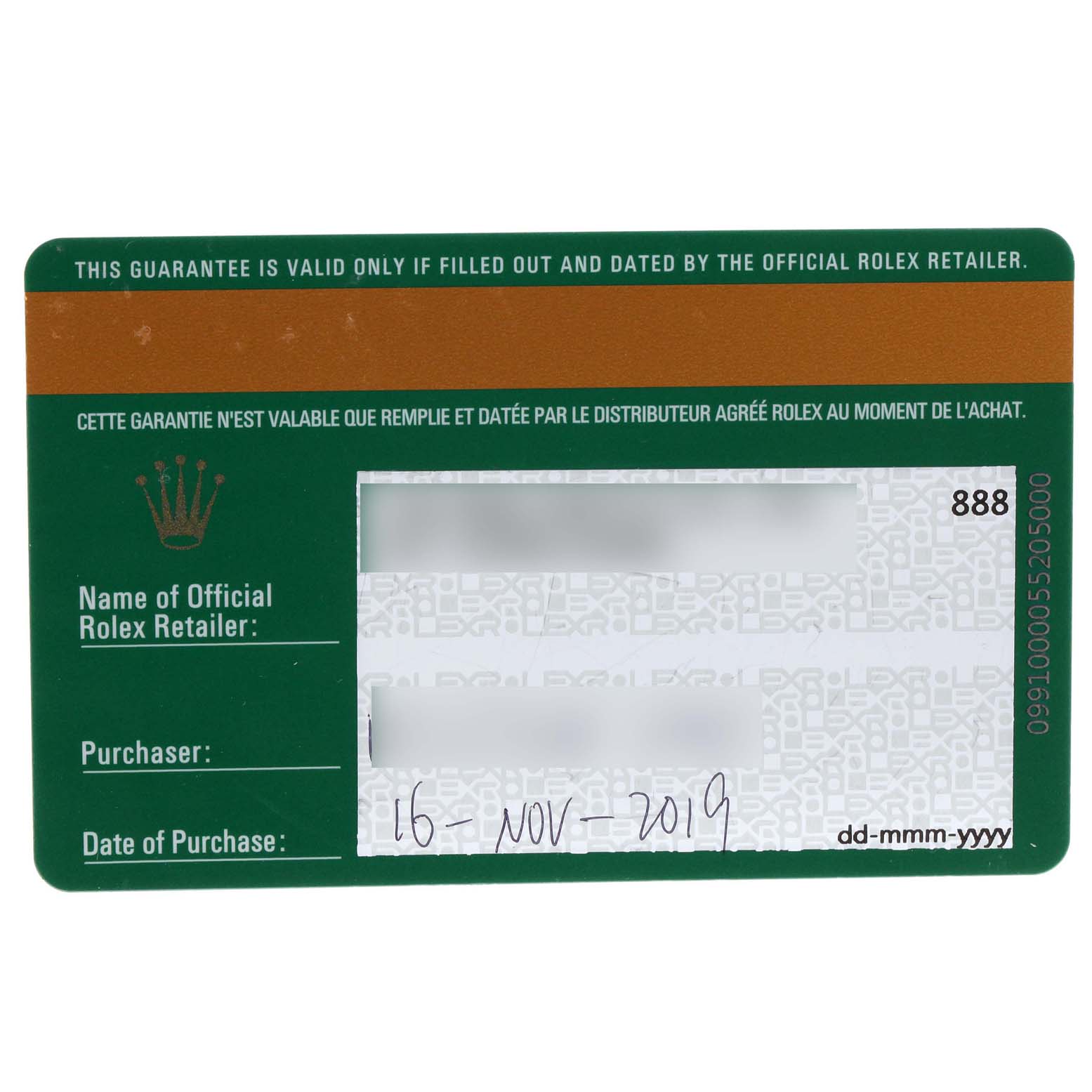 This is a close-up of the warranty card for a Rolex Datejust 41 126334 Men
s Stainless Steel Black Dial 126334 Men
s Stainless Steel Black Dial watch.