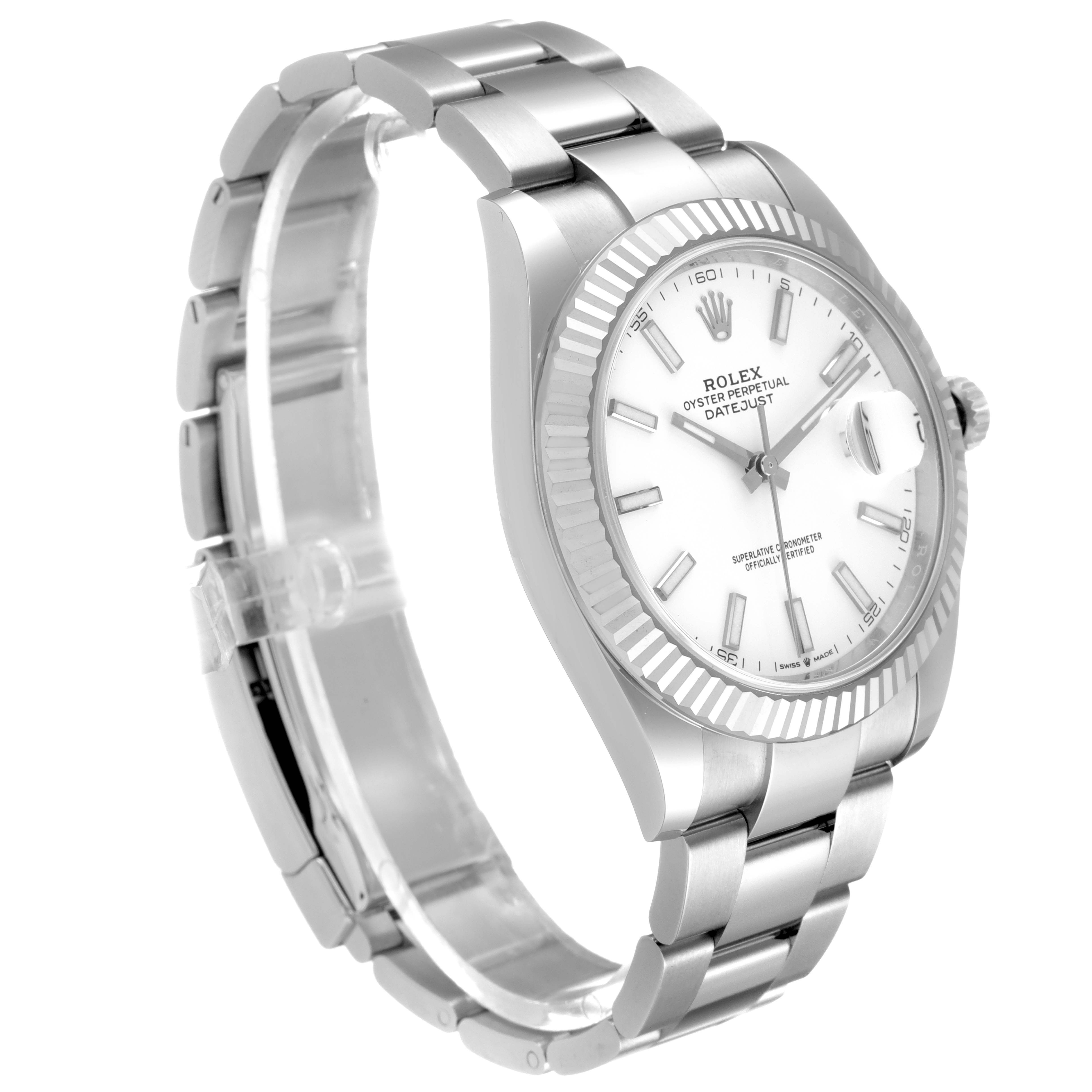 This image shows a Rolex Datejust 41 126334 Men
s Stainless Steel White Dial 126334 Men
s Stainless Steel White Dial watch from a three-quarter front angle, highlighting the face, bezel, and bracelet.