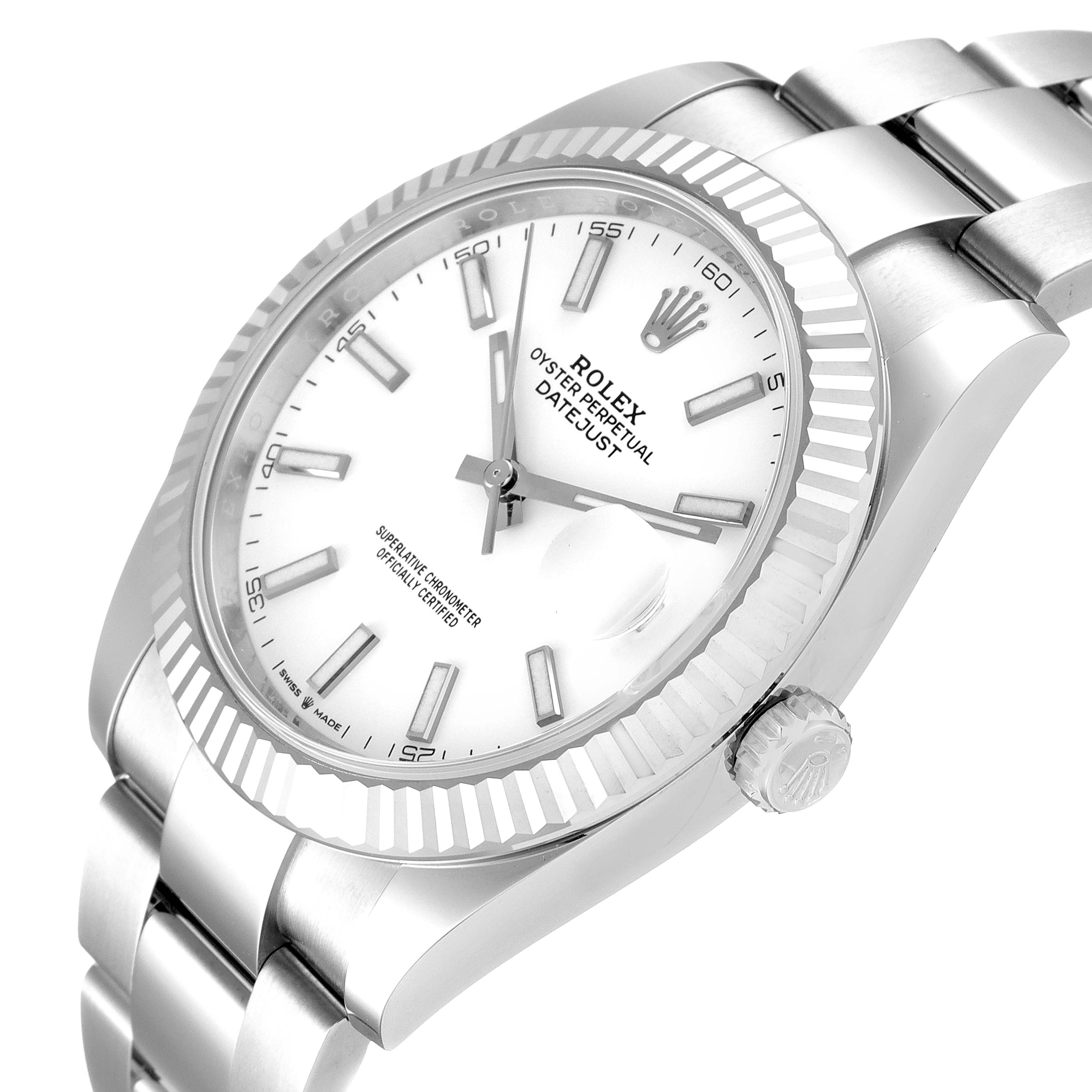 The Rolex Datejust 41 126334 Men
s Stainless Steel White Dial 126334 Men
s Stainless Steel White Dial model is shown from a slight side angle, displaying the dial, bezel, crown, and part of the bracelet.