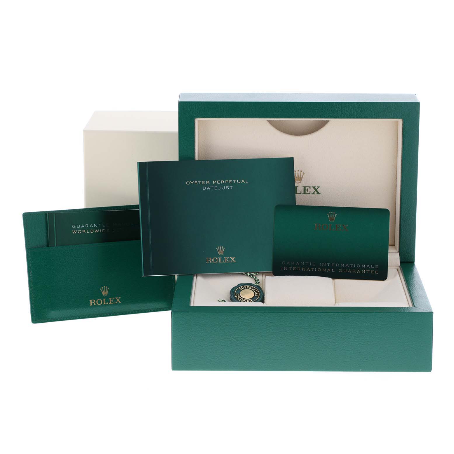 The image shows the box and accessories for a Rolex Datejust 41 126334 Men
s Stainless Steel White Dial 126334 Men
s Stainless Steel White Dial, including warranty cards and manuals.