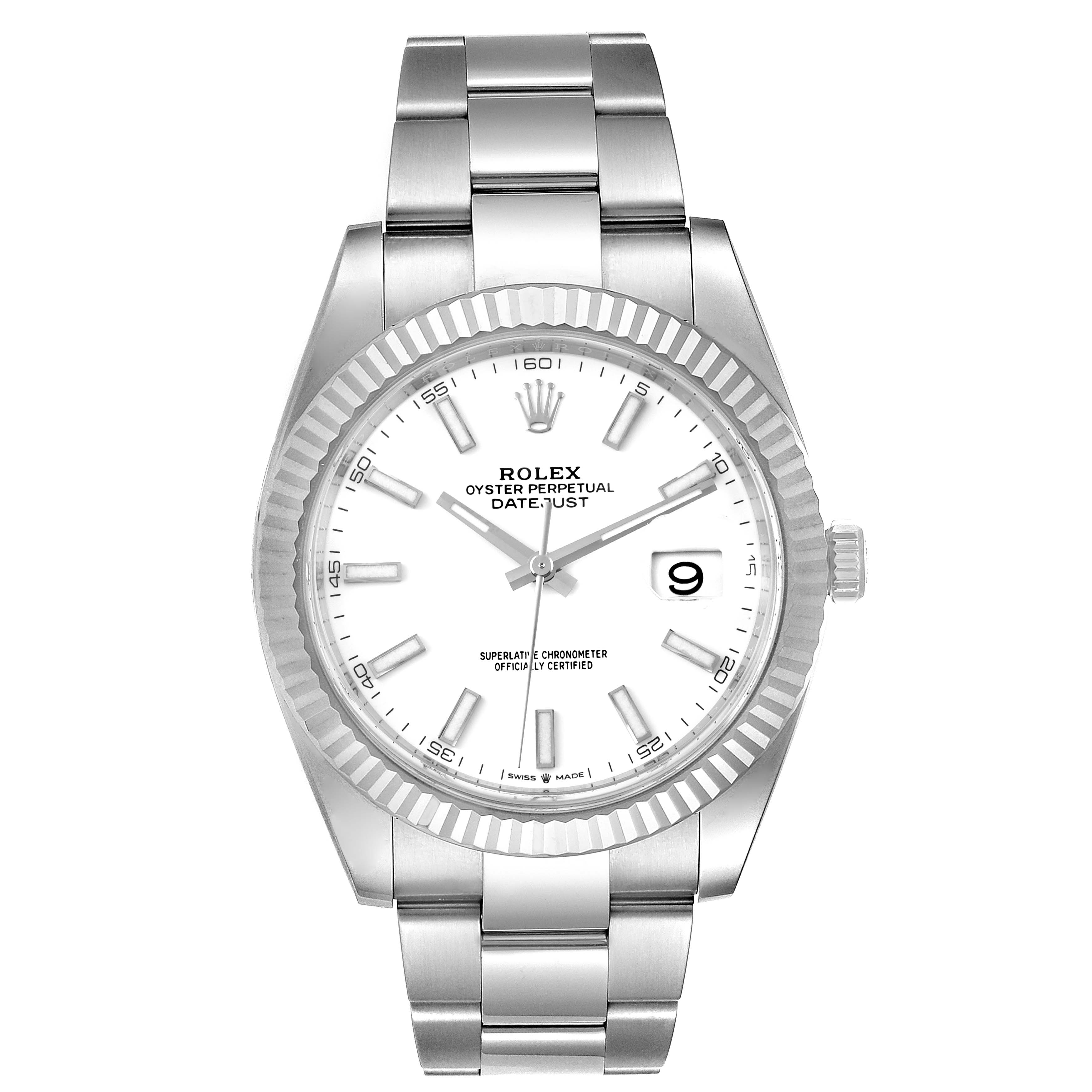 The image shows a frontal view of the Rolex Datejust 41 126334 Men
s Stainless Steel White Dial 126334 Men
s Stainless Steel White Dial, displaying its dial, hands, date window, and bracelet.