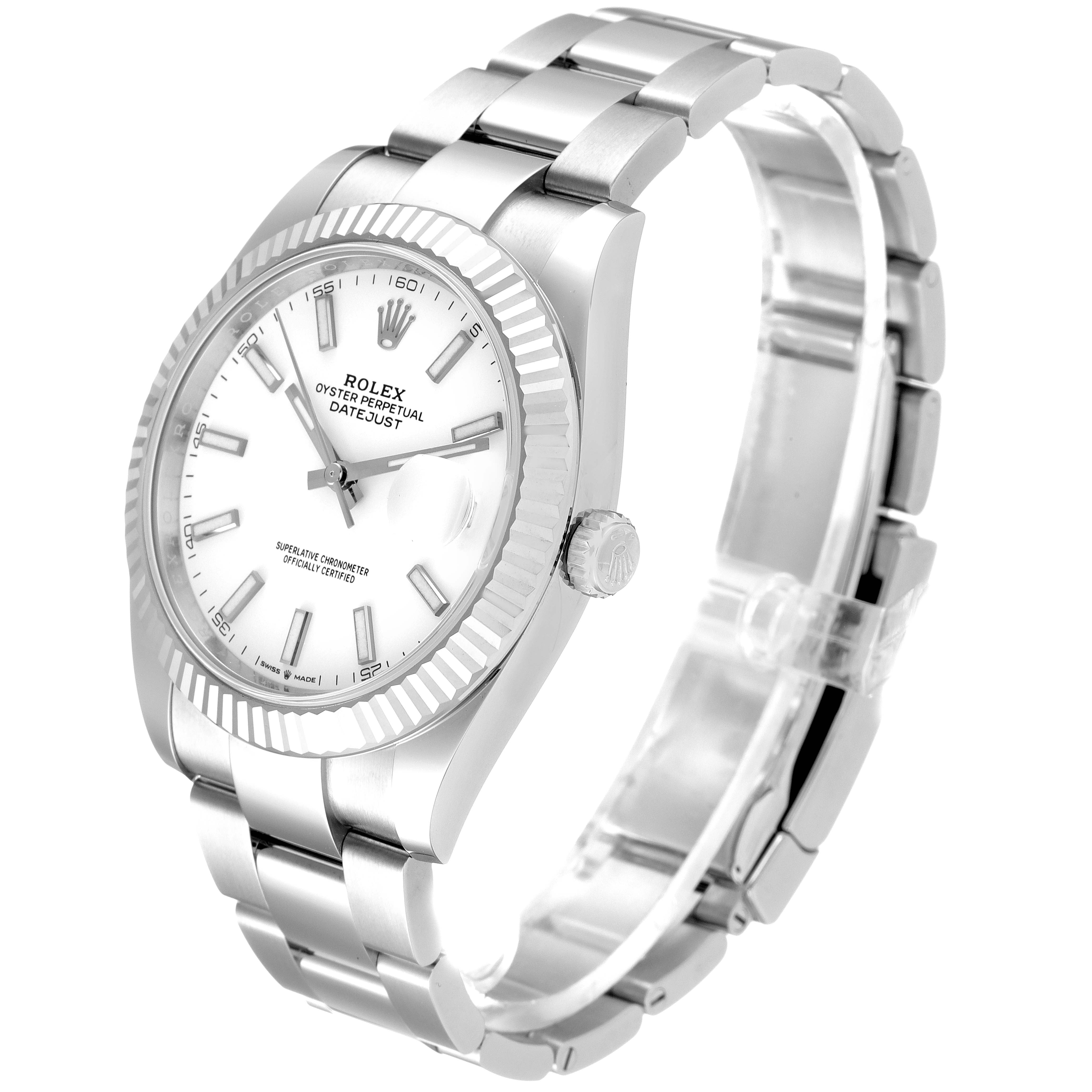 The image shows a Rolex Datejust 41 126334 Men
s Stainless Steel White Dial 126334 Men
s Stainless Steel White Dial watch, viewed from a three-quarter angle, displaying the dial, bezel, crown, and bracelet.