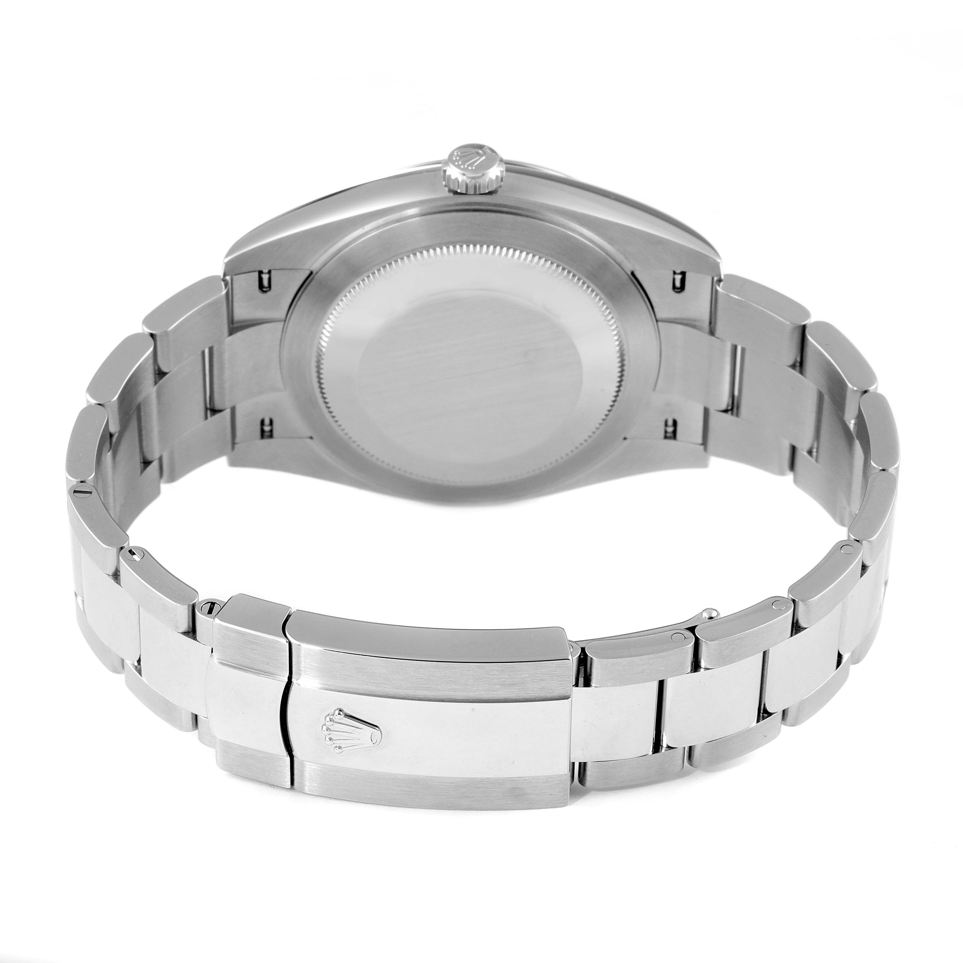The image shows the back view of a Rolex Datejust 41 126334 Men
s Stainless Steel White Dial 126334 Men
s Stainless Steel White Dial, highlighting the case back, crown, and bracelet with a Rolex clasp.