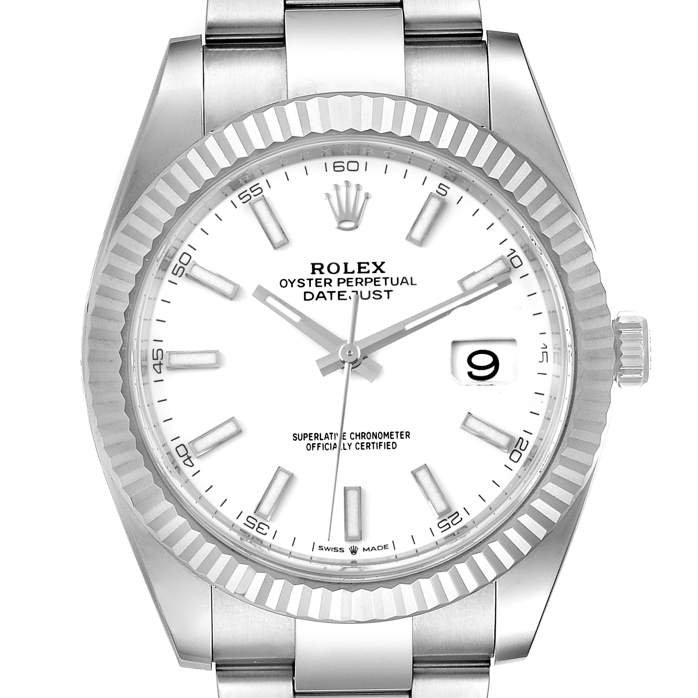This image shows a front view of a Rolex Datejust 41 126334 Men
s Stainless Steel White Dial 126334 Men
s Stainless Steel White Dial watch, highlighting its dial, bezel, and bracelet.