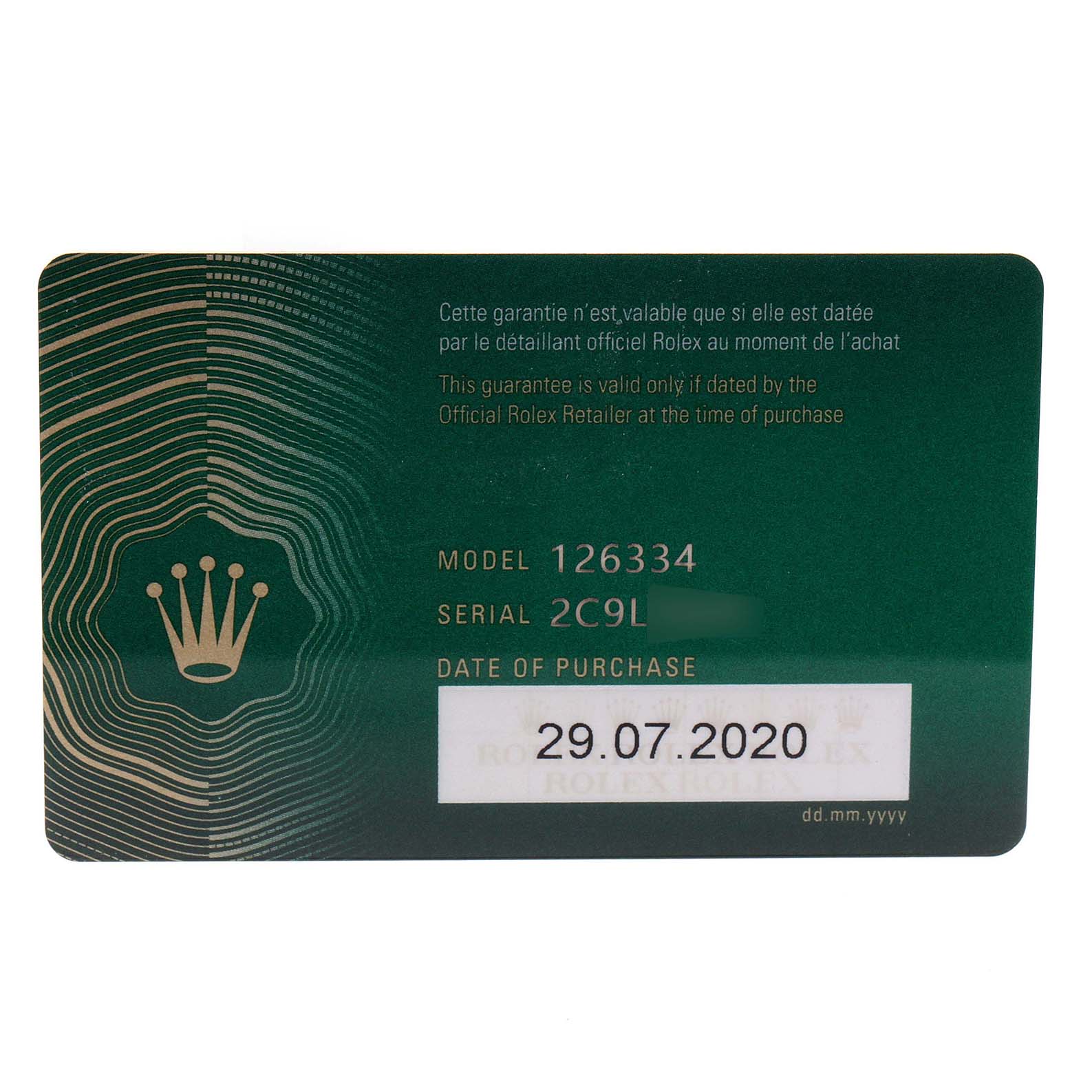 The image shows the guarantee card for the Rolex Datejust 41 126334 Men
s Stainless Steel Mother of Pearl Dial 126334 Men
s Stainless Steel Mother of Pearl Dial model 126334 with a purchase date of 29.07.2020.