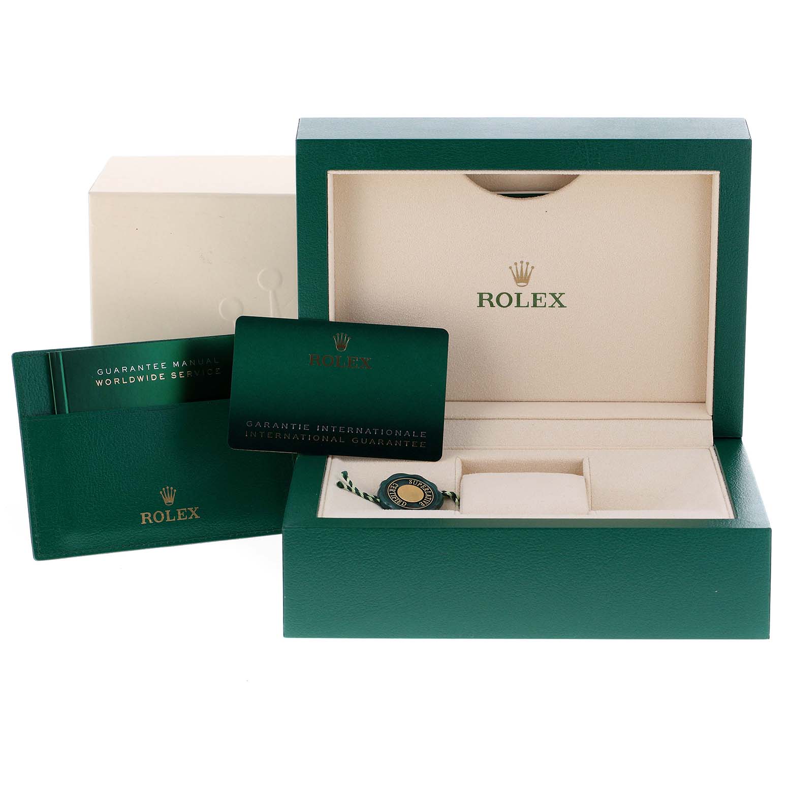 The image shows a Rolex Datejust 41 126334 Men
s Stainless Steel Mother of Pearl Dial 126334 Men
s Stainless Steel Mother of Pearl Dial watch box, guarantee manual, international guarantee card, and tag from a front angle.