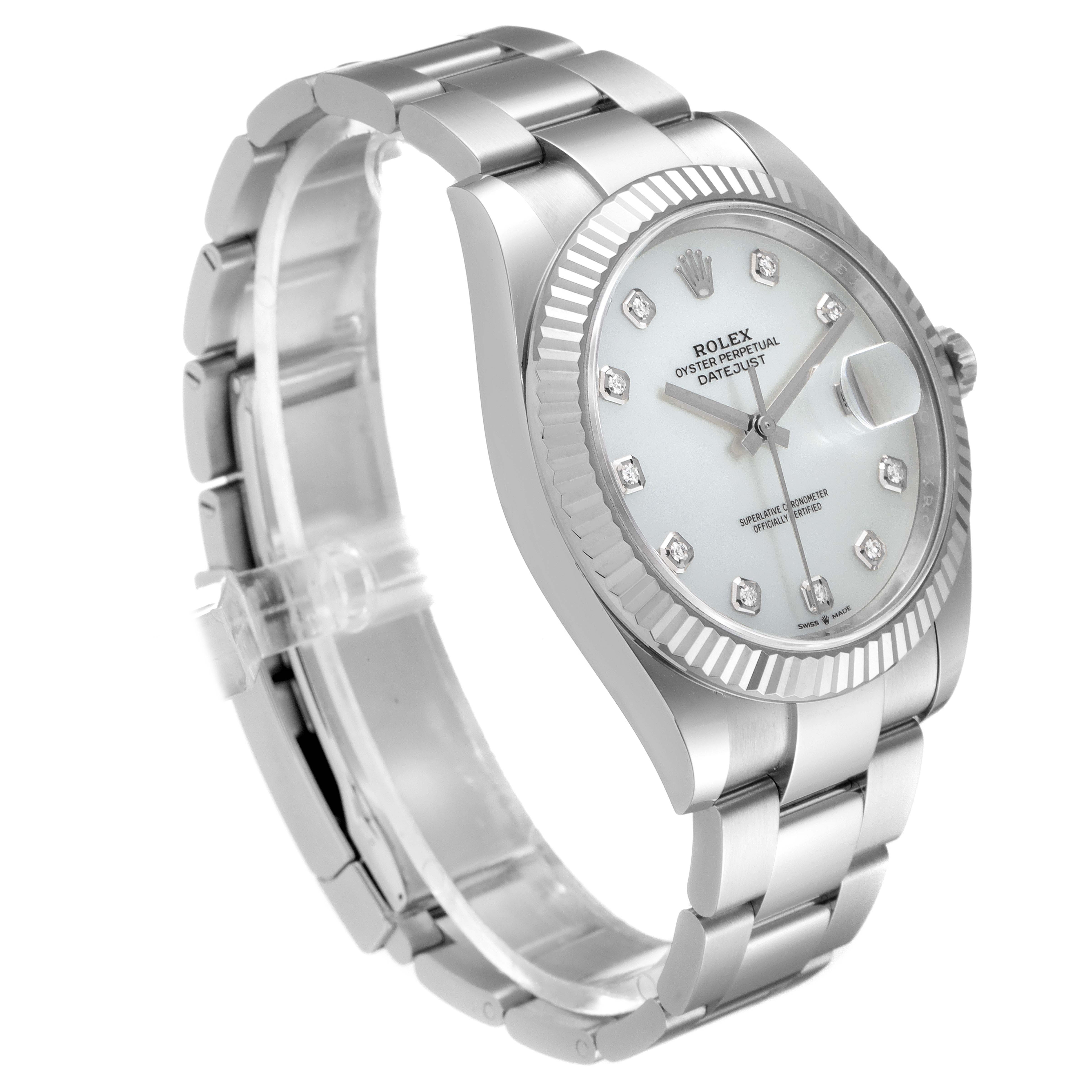 The Rolex Datejust 41 126334 Men
s Stainless Steel Mother of Pearl Dial 126334 Men
s Stainless Steel Mother of Pearl Dial watch is shown at a three-quarter angle, highlighting the bracelet, fluted bezel, and diamond hour markers.