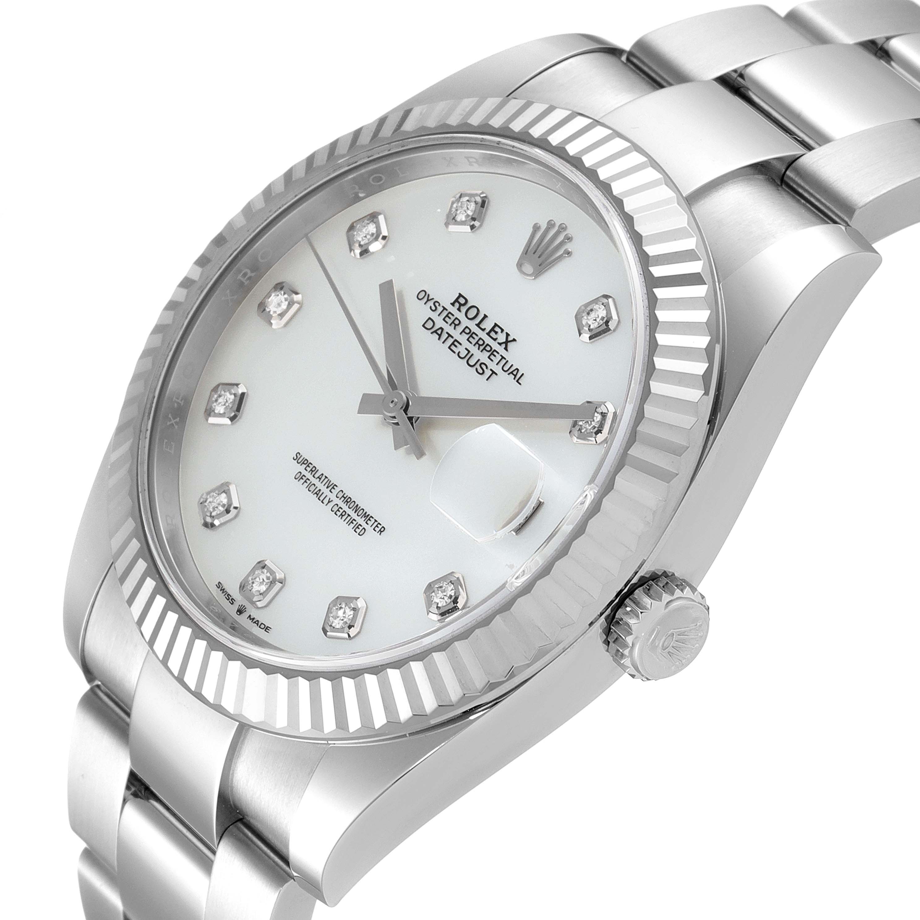 This image shows a side-angle view of a Rolex Datejust 41 126334 Men
s Stainless Steel Mother of Pearl Dial 126334 Men
s Stainless Steel Mother of Pearl Dial model watch, highlighting the dial, bezel, crown, and part of the bracelet.
