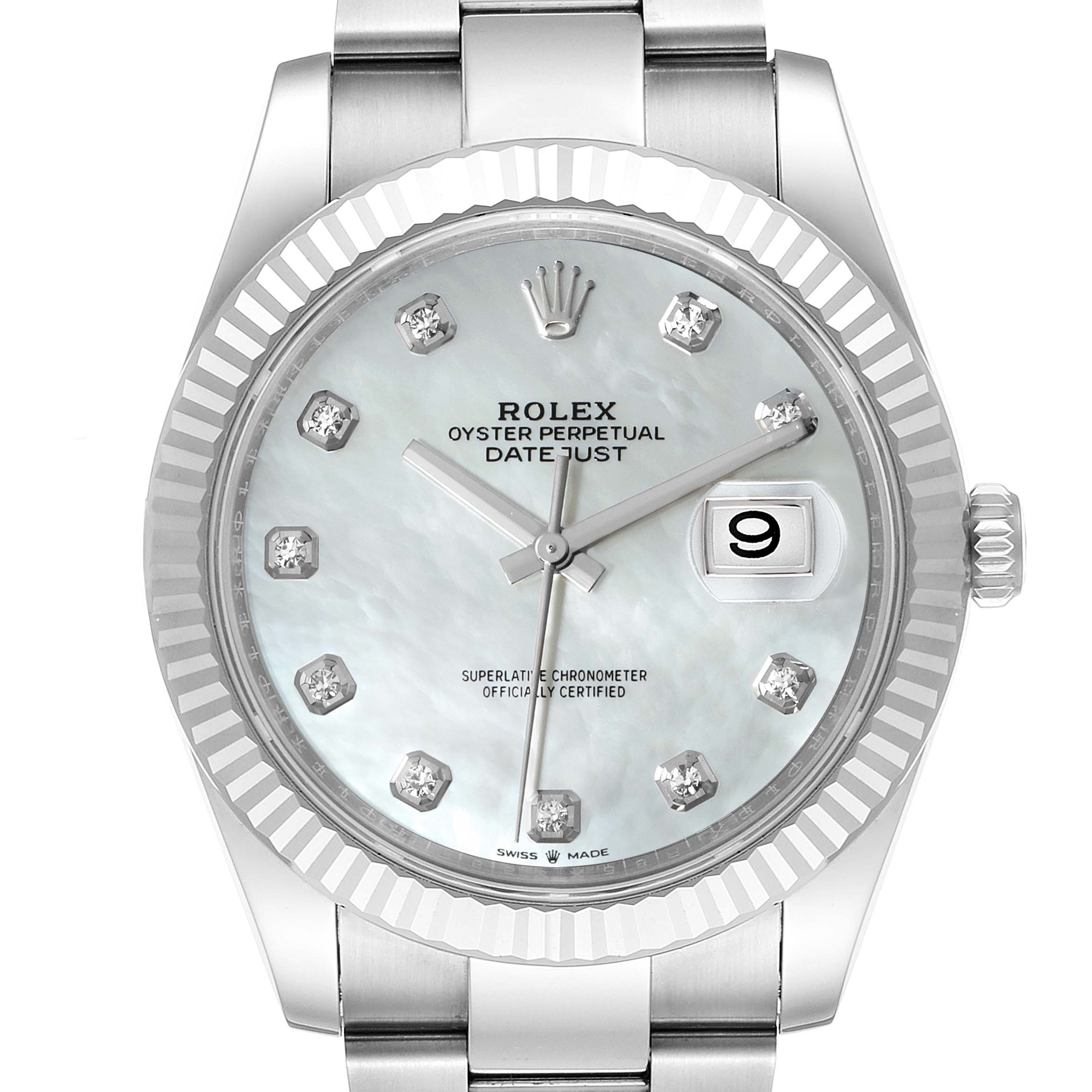 The image shows a front view of the Rolex Datejust 41 126334 Men
s Stainless Steel Mother of Pearl Dial 126334 Men
s Stainless Steel Mother of Pearl Dial watch, highlighting its dial, hour markers, hands, bezel, and part of the bracelet.