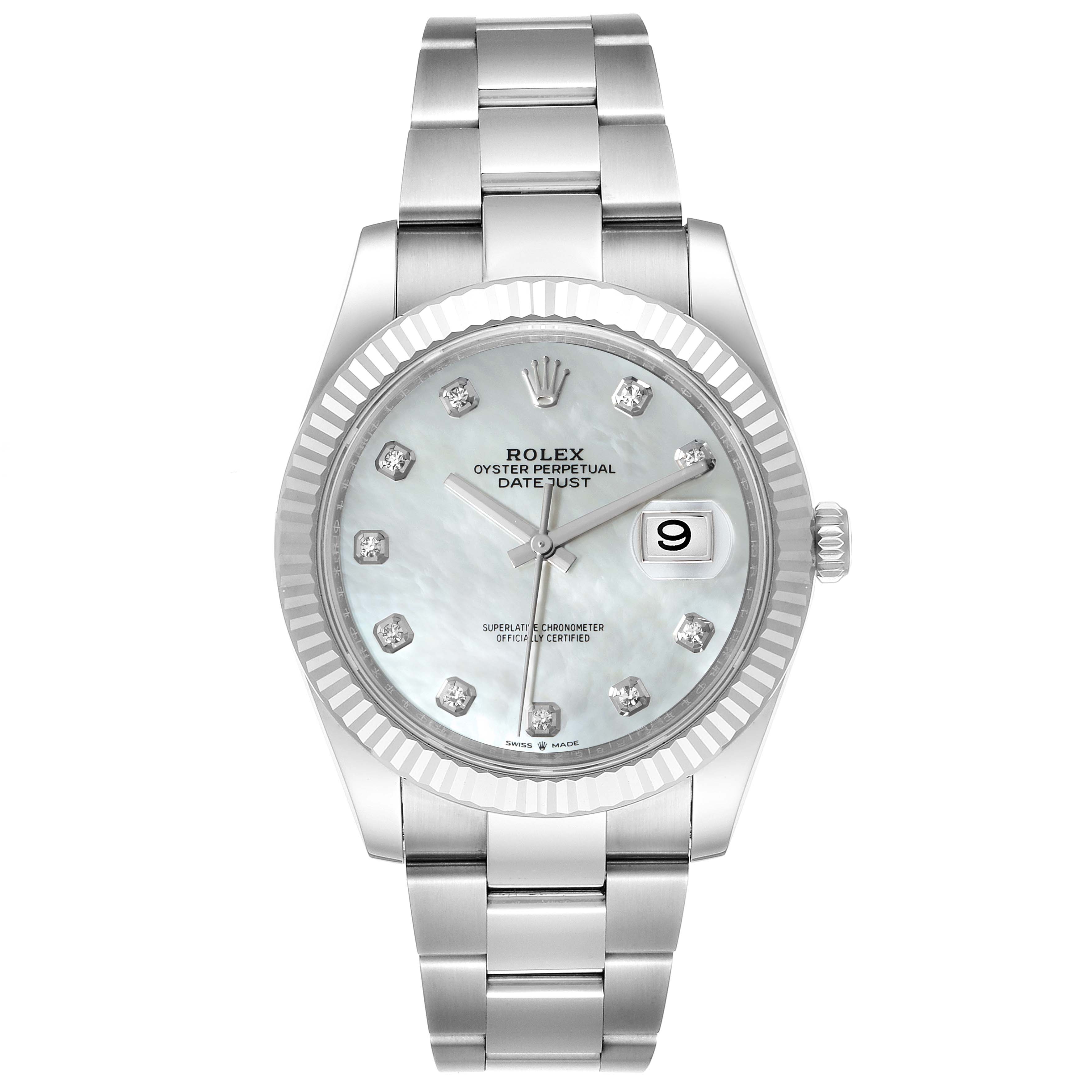 The image shows a front-facing view of the Rolex Datejust 41 126334 Men
s Stainless Steel Mother of Pearl Dial 126334 Men
s Stainless Steel Mother of Pearl Dial watch, highlighting its dial, bezel, hands, markers, and bracelet.