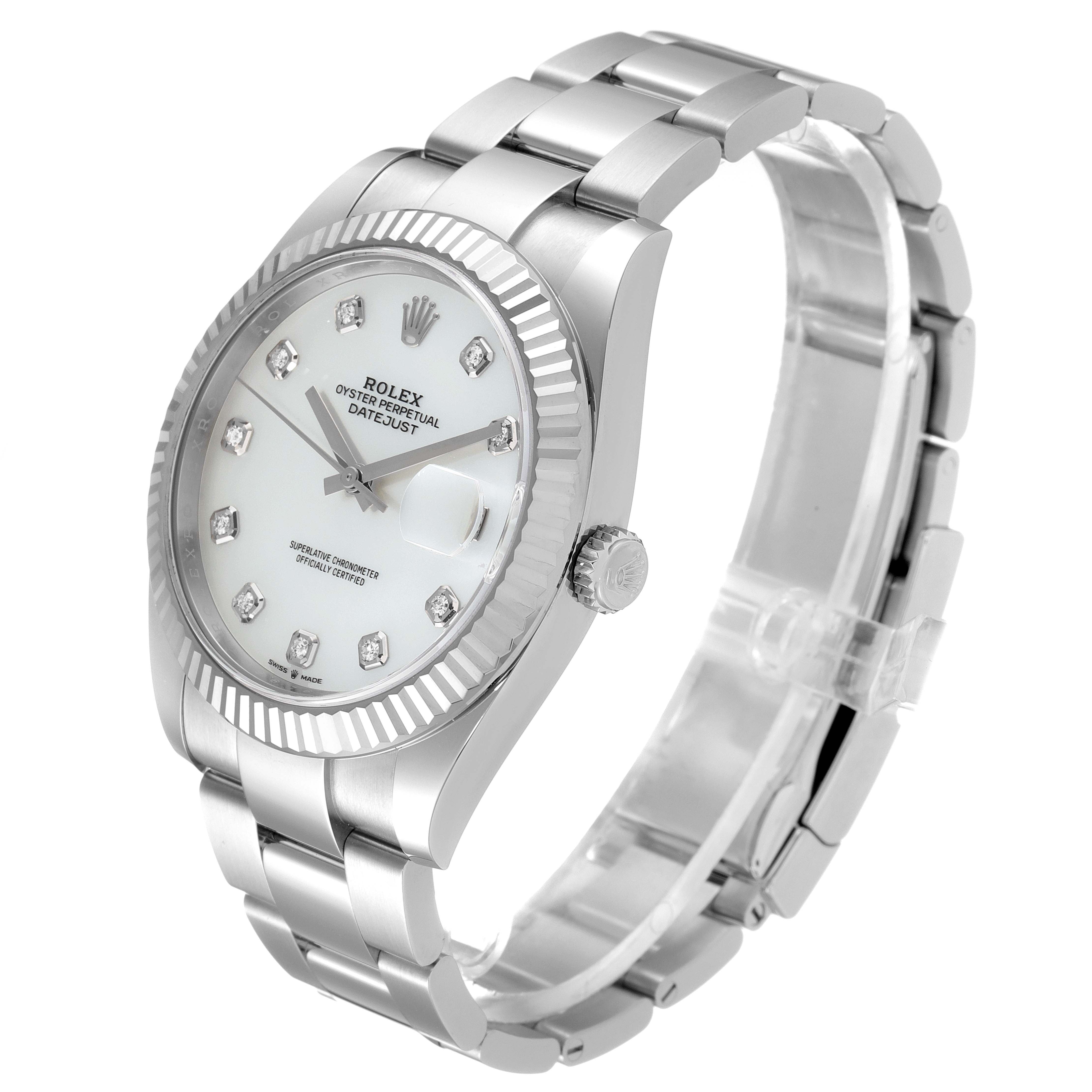 The Rolex Datejust 41 126334 Men
s Stainless Steel Mother of Pearl Dial 126334 Men
s Stainless Steel Mother of Pearl Dial watch is shown from a slightly angled side view, displaying the dial, bracelet, and crown.