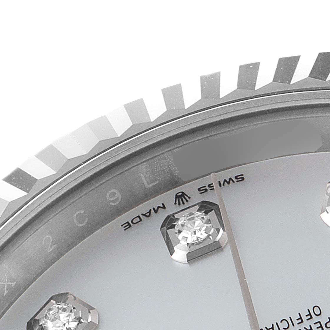The image shows a close-up of the dial and bezel of a Rolex Datejust 41 126334 Men
s Stainless Steel Mother of Pearl Dial 126334 Men
s Stainless Steel Mother of Pearl Dial watch, emphasizing the markers and "Swiss Made" text.