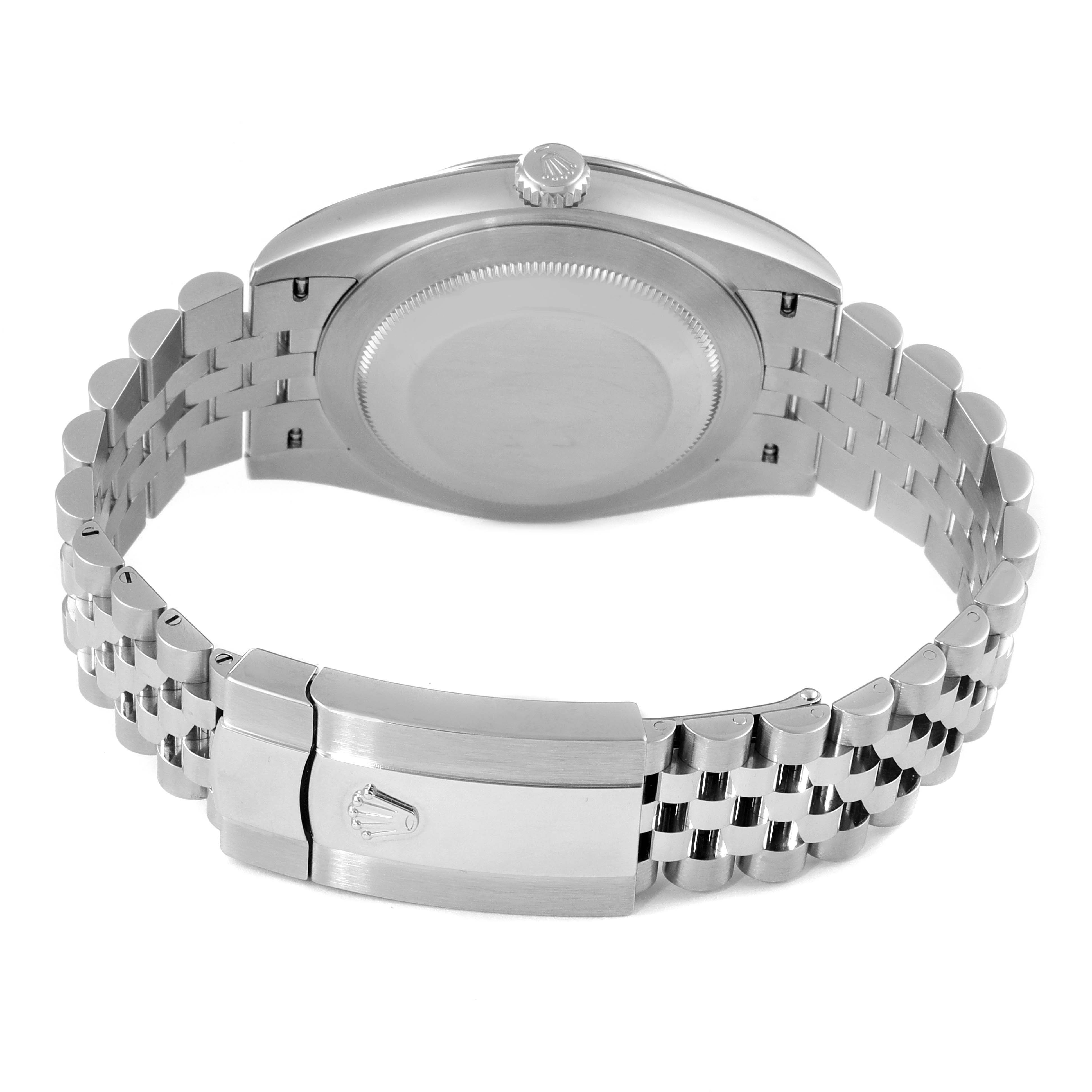 The image shows the back view of a Rolex Datejust 126334 Men
s Stainless Steel Mother of Pearl Dial 126334 Men
s Stainless Steel Mother of Pearl Dial watch, highlighting the clasp, bracelet, and case back.