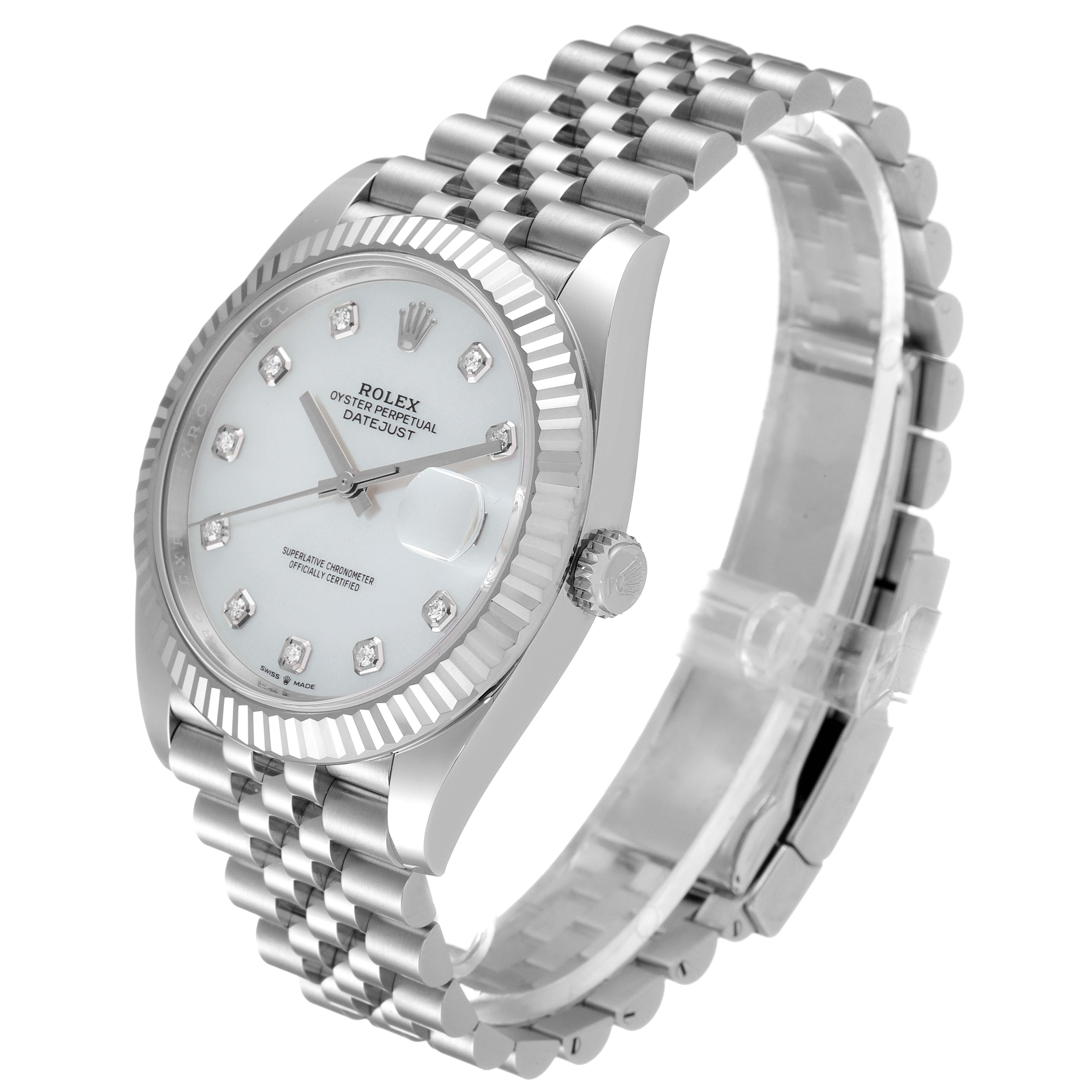 The Rolex Datejust 126334 Men
s Stainless Steel Mother of Pearl Dial 126334 Men
s Stainless Steel Mother of Pearl Dial watch is shown at a three-quarter angle, displaying the watch face, crown, and bracelet.