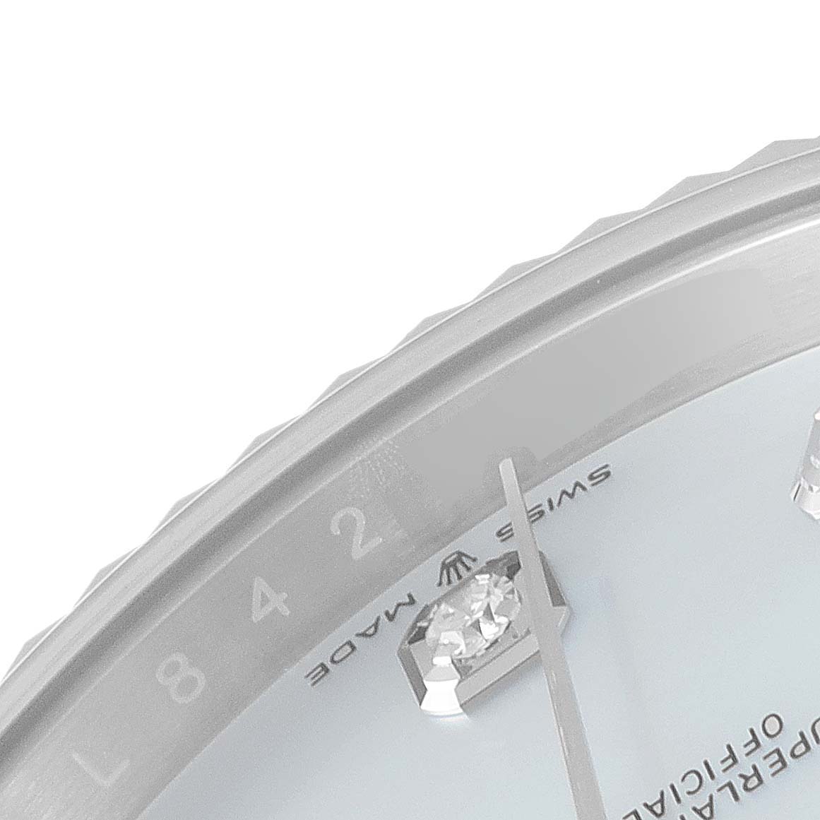 This close-up image shows the partially visible dial and bezel of a Rolex Datejust 126334 Men
s Stainless Steel Mother of Pearl Dial 126334 Men
s Stainless Steel Mother of Pearl Dial watch.