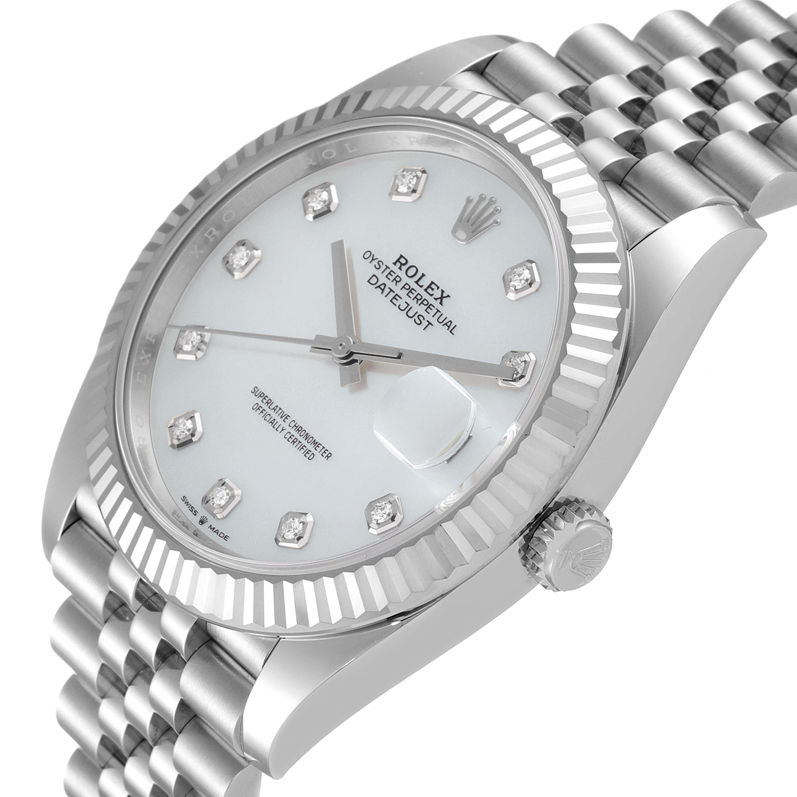 The Rolex Datejust 126334 Men
s Stainless Steel Mother of Pearl Dial 126334 Men
s Stainless Steel Mother of Pearl Dial watch is shown at a three-quarter angle, highlighting the dial, bezel, crown, and part of the bracelet.
