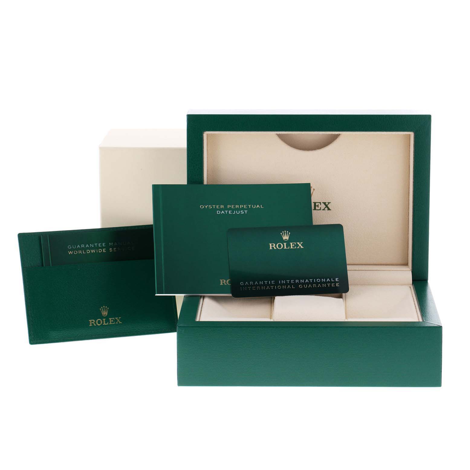 The image shows the packaging, a green folder, booklets, and the international guarantee card for the Rolex Datejust 126334 Men
s Stainless Steel Mother of Pearl Dial 126334 Men
s Stainless Steel Mother of Pearl Dial model.