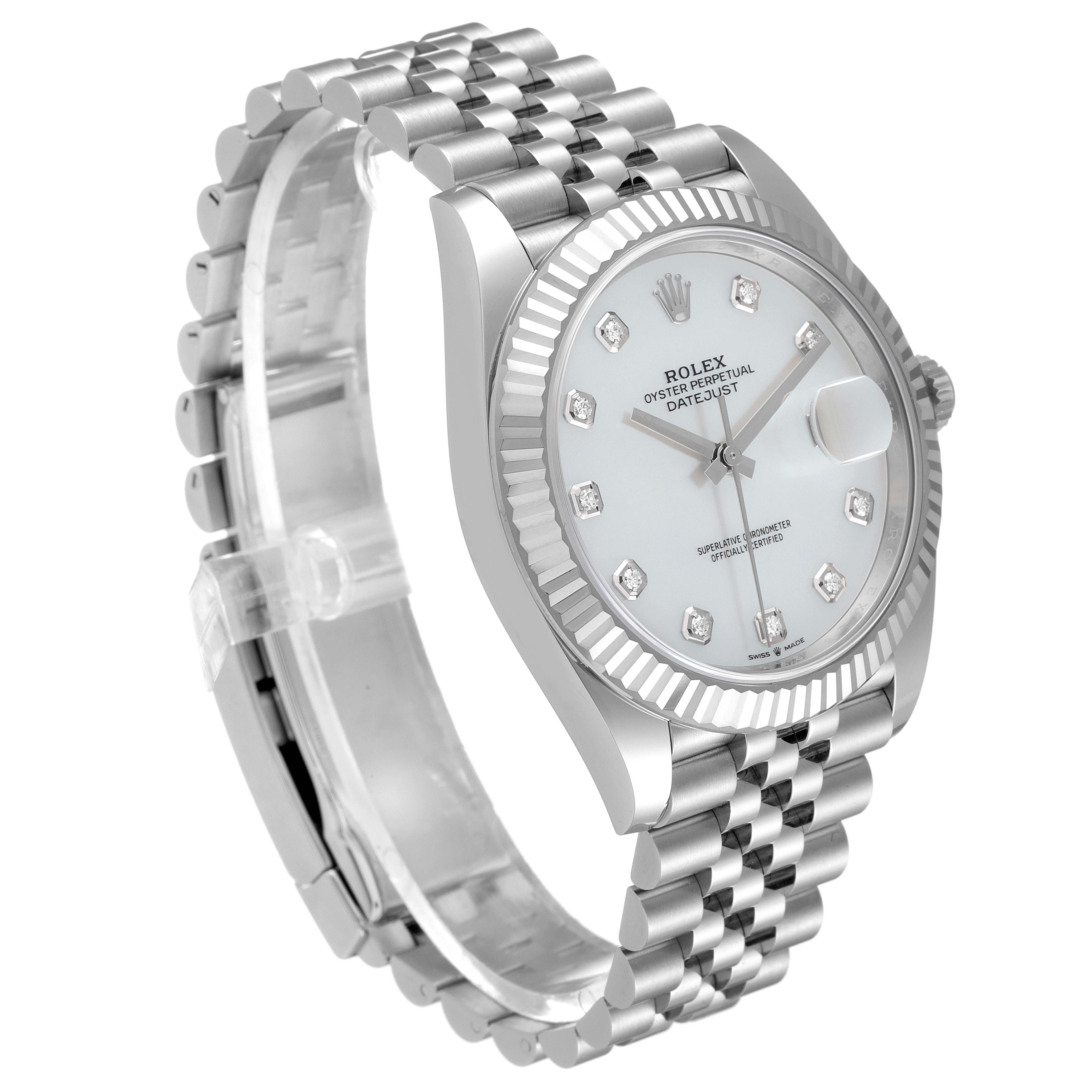 The image shows a Rolex Datejust 126334 Men
s Stainless Steel Mother of Pearl Dial 126334 Men
s Stainless Steel Mother of Pearl Dial watch from a three-quarter angle, highlighting the bracelet, face, and fluted bezel.