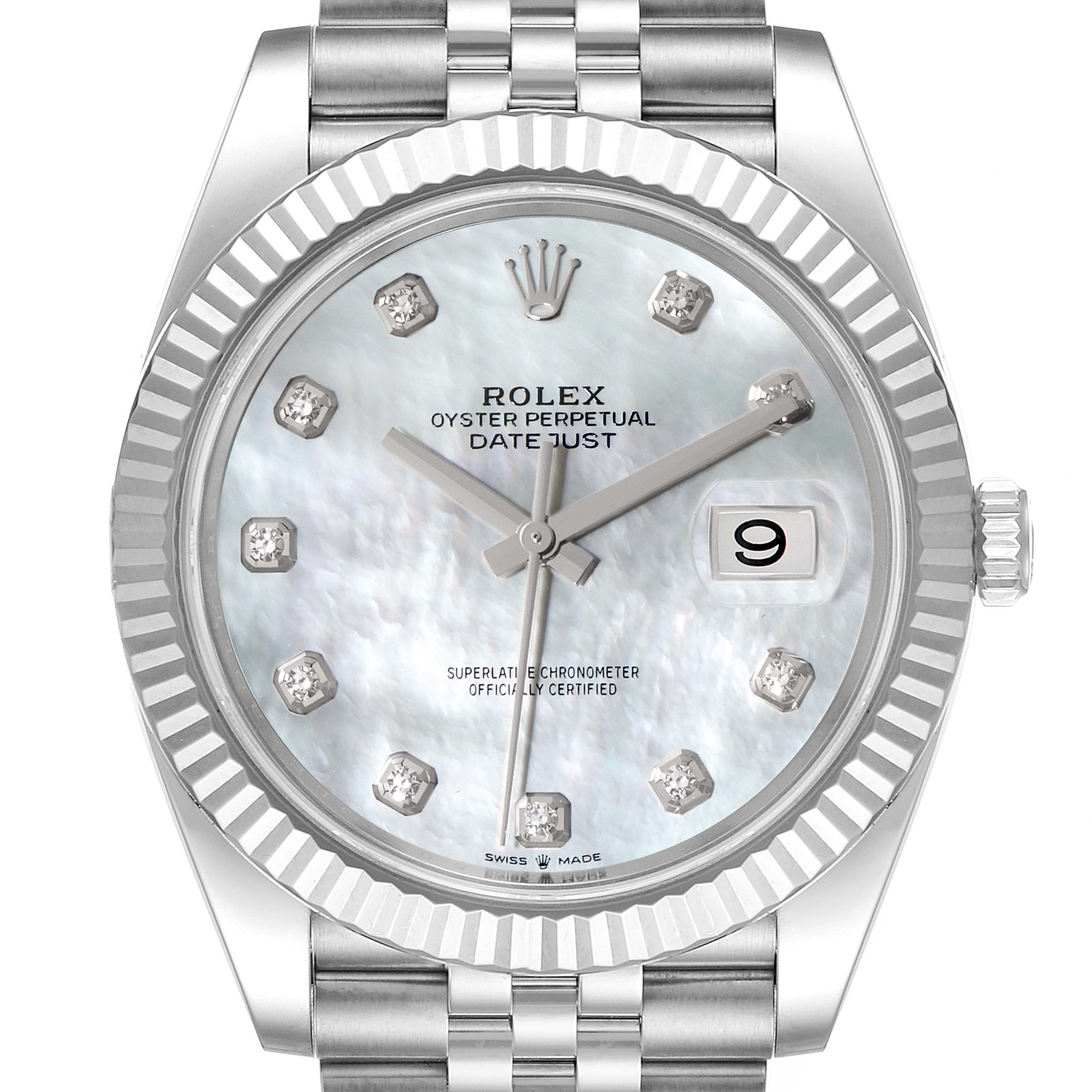 The image shows a close-up of the Rolex Datejust 126334 Men
s Stainless Steel Mother of Pearl Dial 126334 Men
s Stainless Steel Mother of Pearl Dial watch face, highlighting the dial, hands, date window, and part of the bracelet.