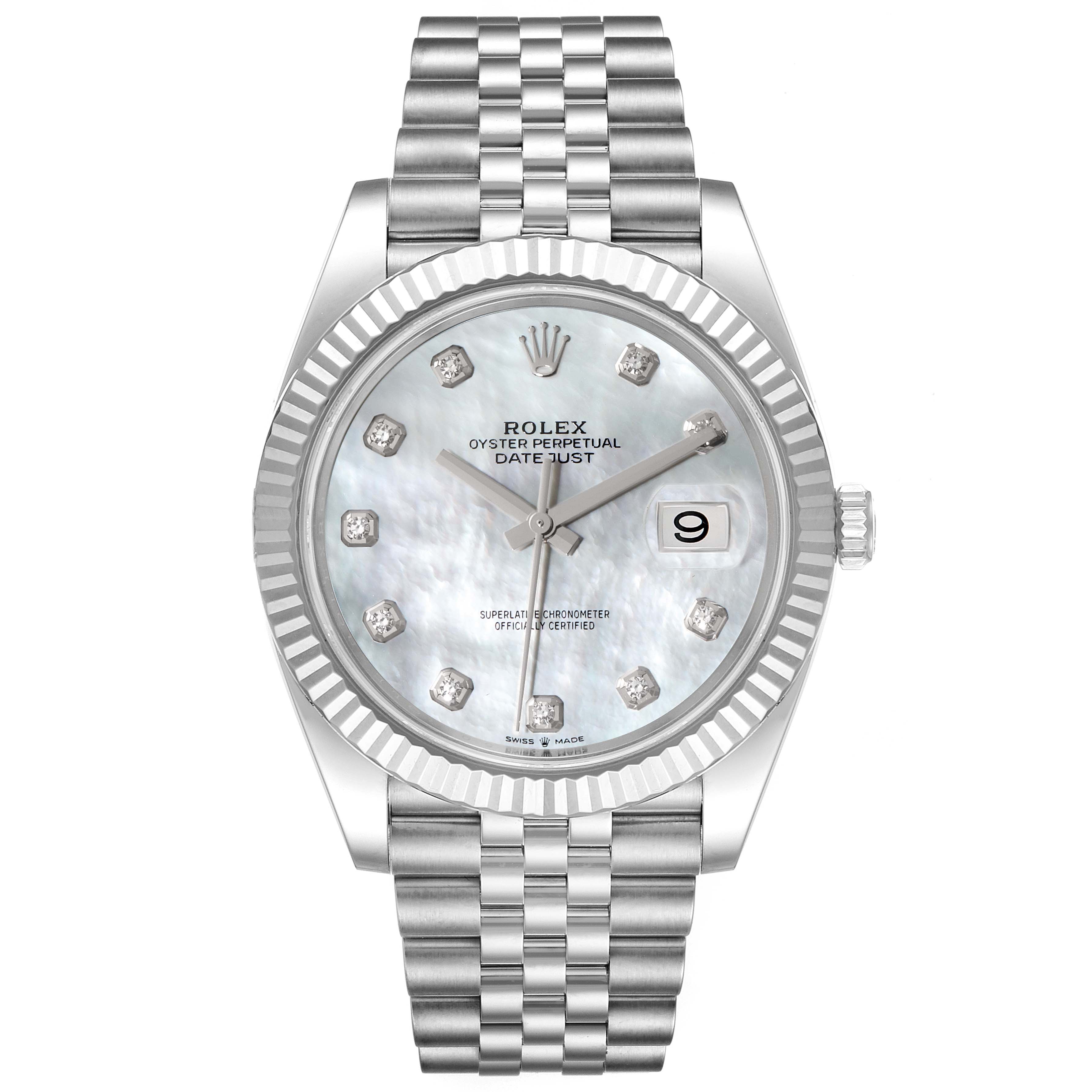 The Rolex Datejust 126334 Men
s Stainless Steel Mother of Pearl Dial 126334 Men
s Stainless Steel Mother of Pearl Dial watch is shown from a front angle, displaying its face, bezel, hands, and bracelet.