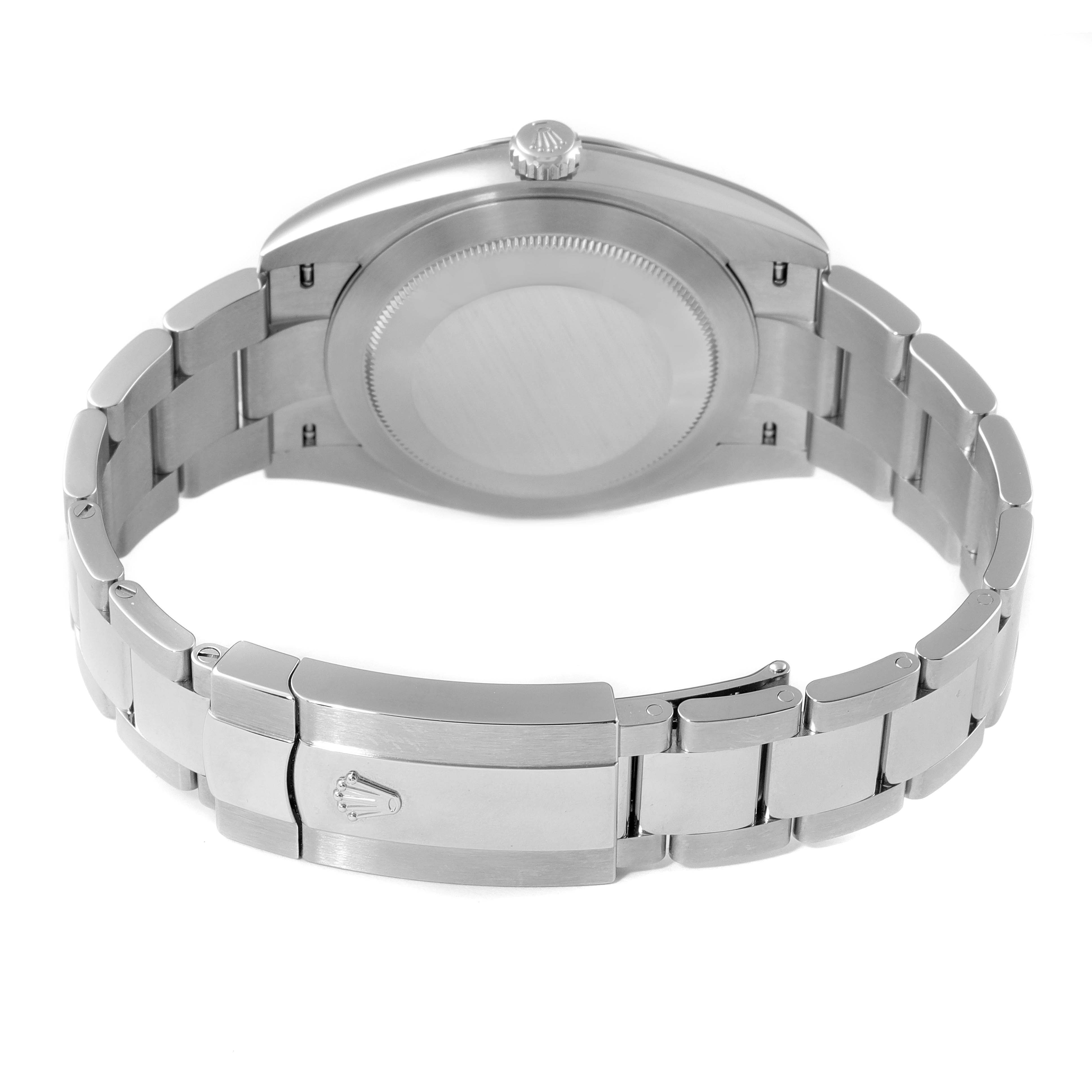 This image shows the back case, crown, and bracelet with clasp of the Rolex Datejust 41 126334 Men
s Stainless Steel Silver Dial 126334 Men
s Stainless Steel Silver Dial model.