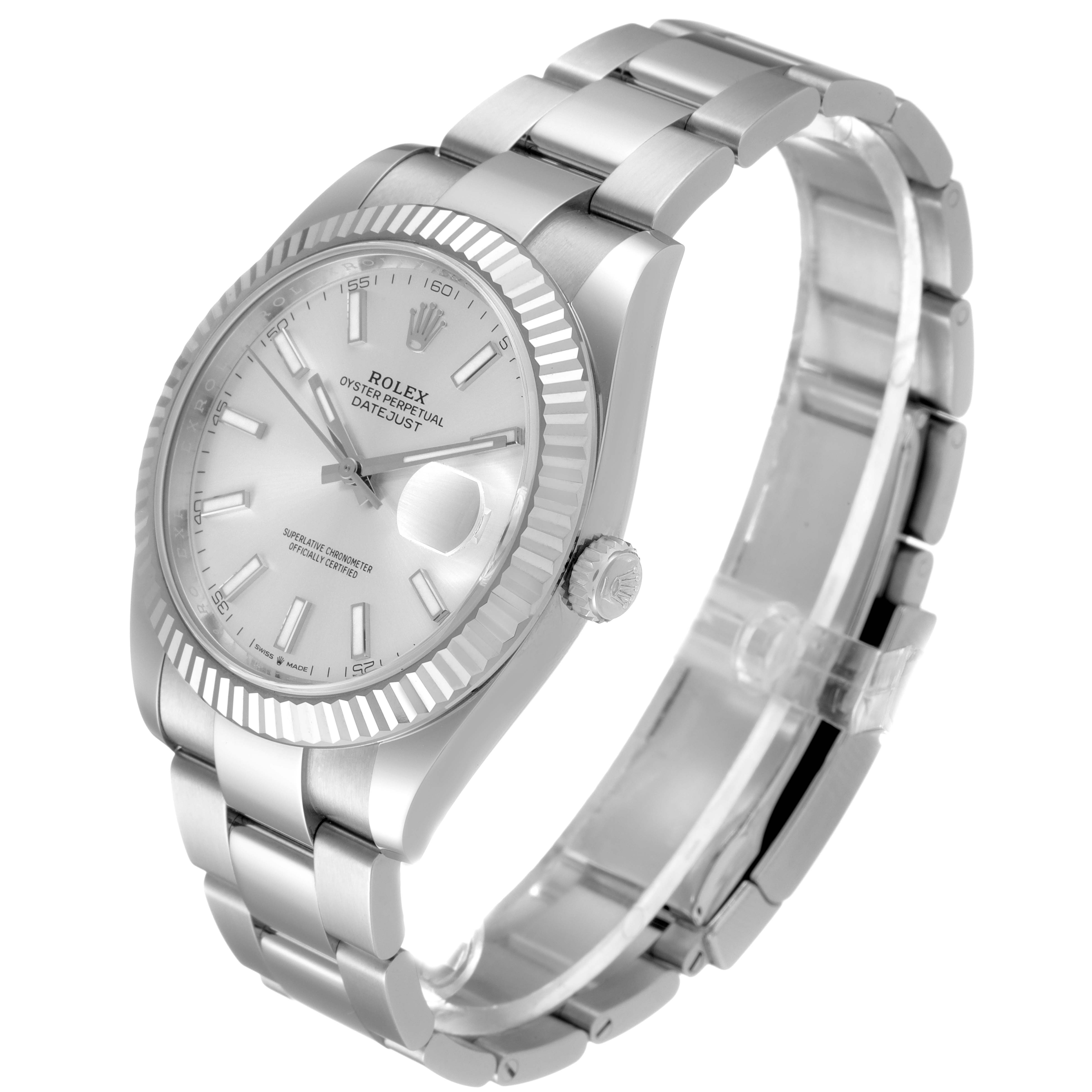 This is an angled view of a Rolex Datejust 41 126334 Men
s Stainless Steel Silver Dial 126334 Men
s Stainless Steel Silver Dial watch, showing its face, bezel, bracelet, and crown.