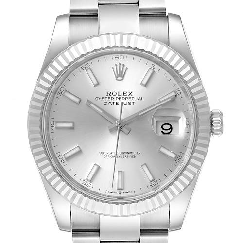 Photo of Rolex Datejust 41 Steel White Gold Silver Dial Mens Watch 126334 Box Card