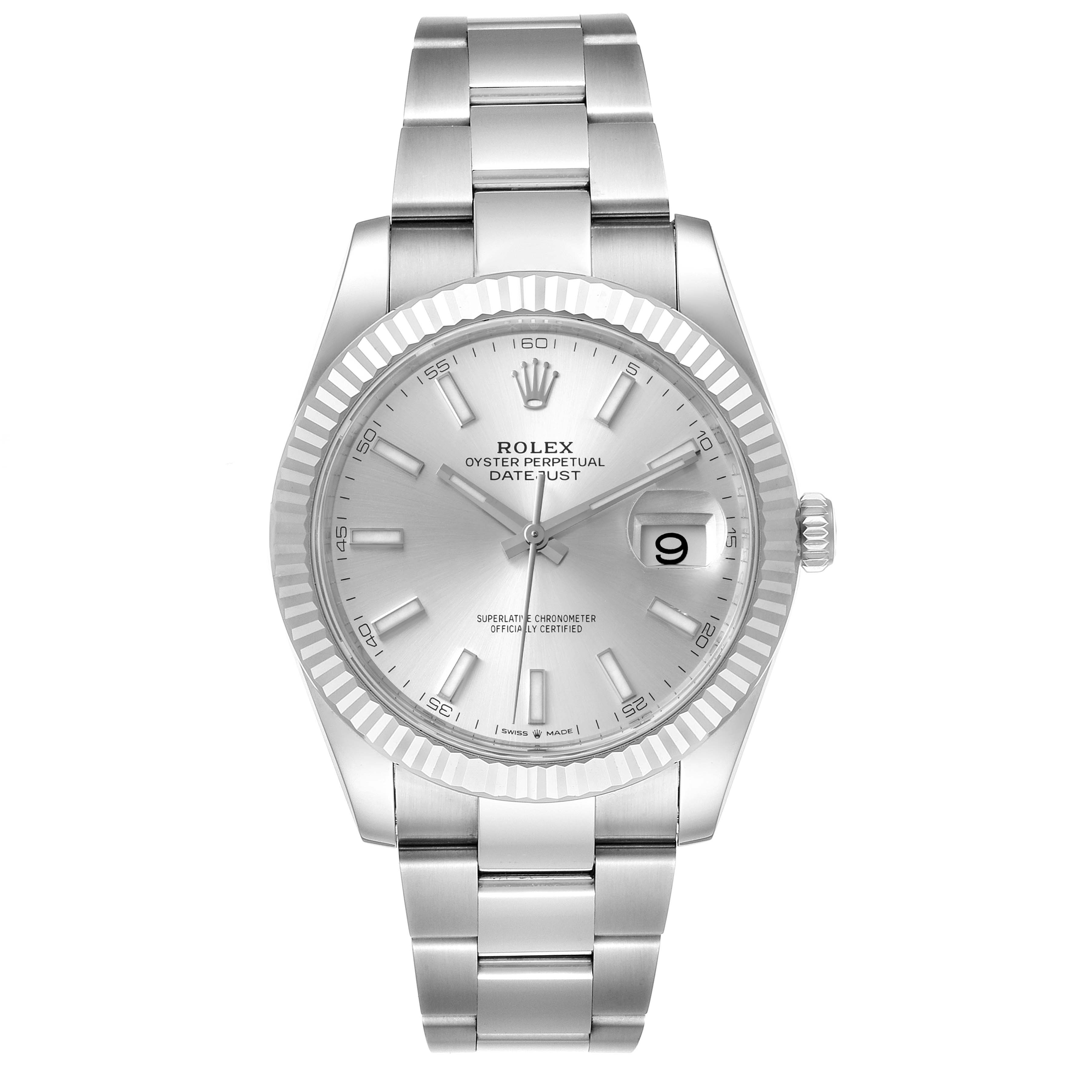 The Rolex Datejust 41 126334 Men
s Stainless Steel Silver Dial 126334 Men
s Stainless Steel Silver Dial is shown front-on, featuring its dial, bezel, crown, and bracelet.