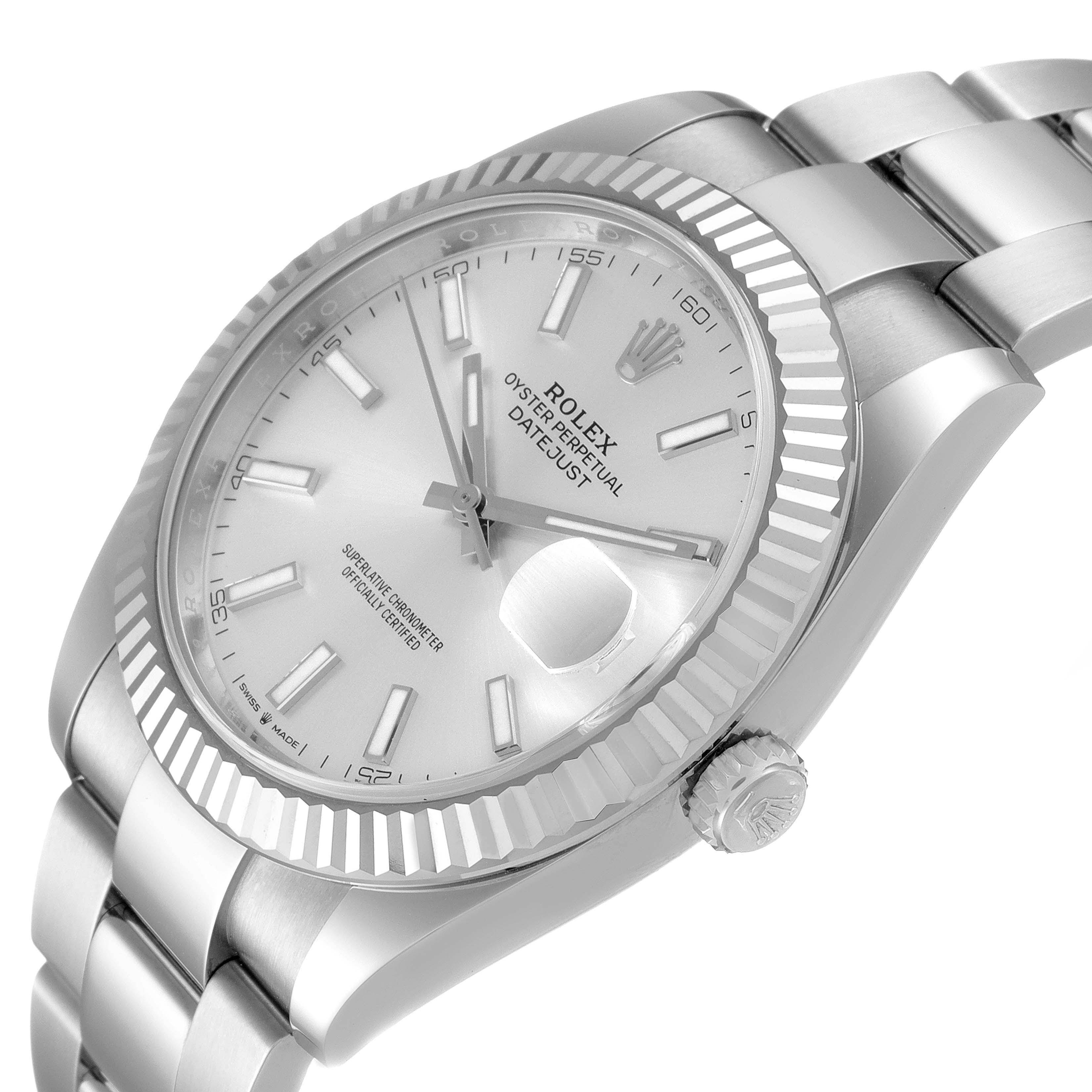 The image shows a close-up side angle of the Rolex Datejust 41 126334 Men
s Stainless Steel Silver Dial 126334 Men
s Stainless Steel Silver Dial, highlighting the dial, bezel, crown, and part of the bracelet.
