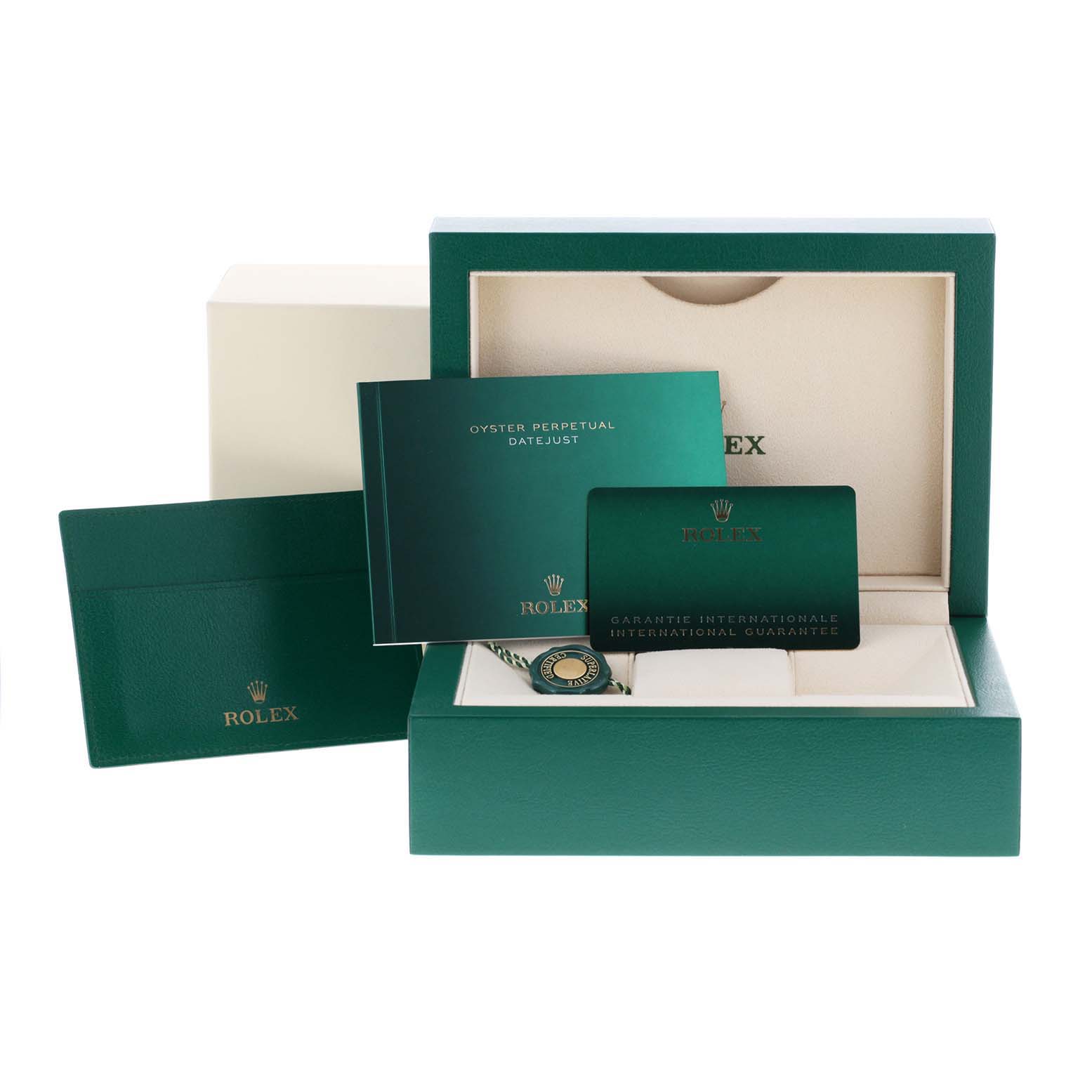 The image shows a Rolex Datejust 41 126334 Men
s Stainless Steel Silver Dial 126334 Men
s Stainless Steel Silver Dial watch box, warranty card, and manual, presented at a frontal angle.