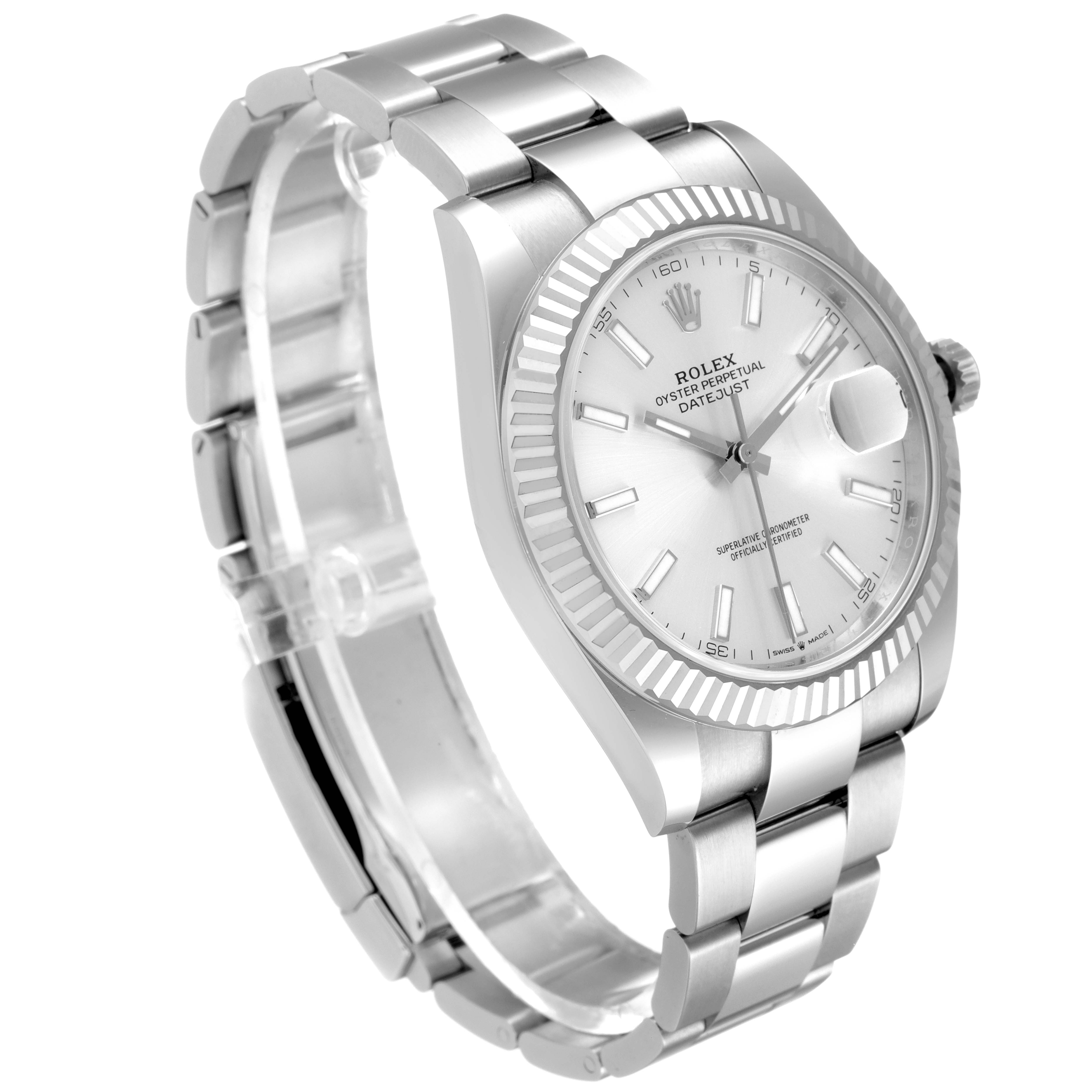 The image shows a Rolex Datejust 41 126334 Men
s Stainless Steel Silver Dial 126334 Men
s Stainless Steel Silver Dial watch at a three-quarter angle, highlighting its silver dial, fluted bezel, and stainless steel bracelet.