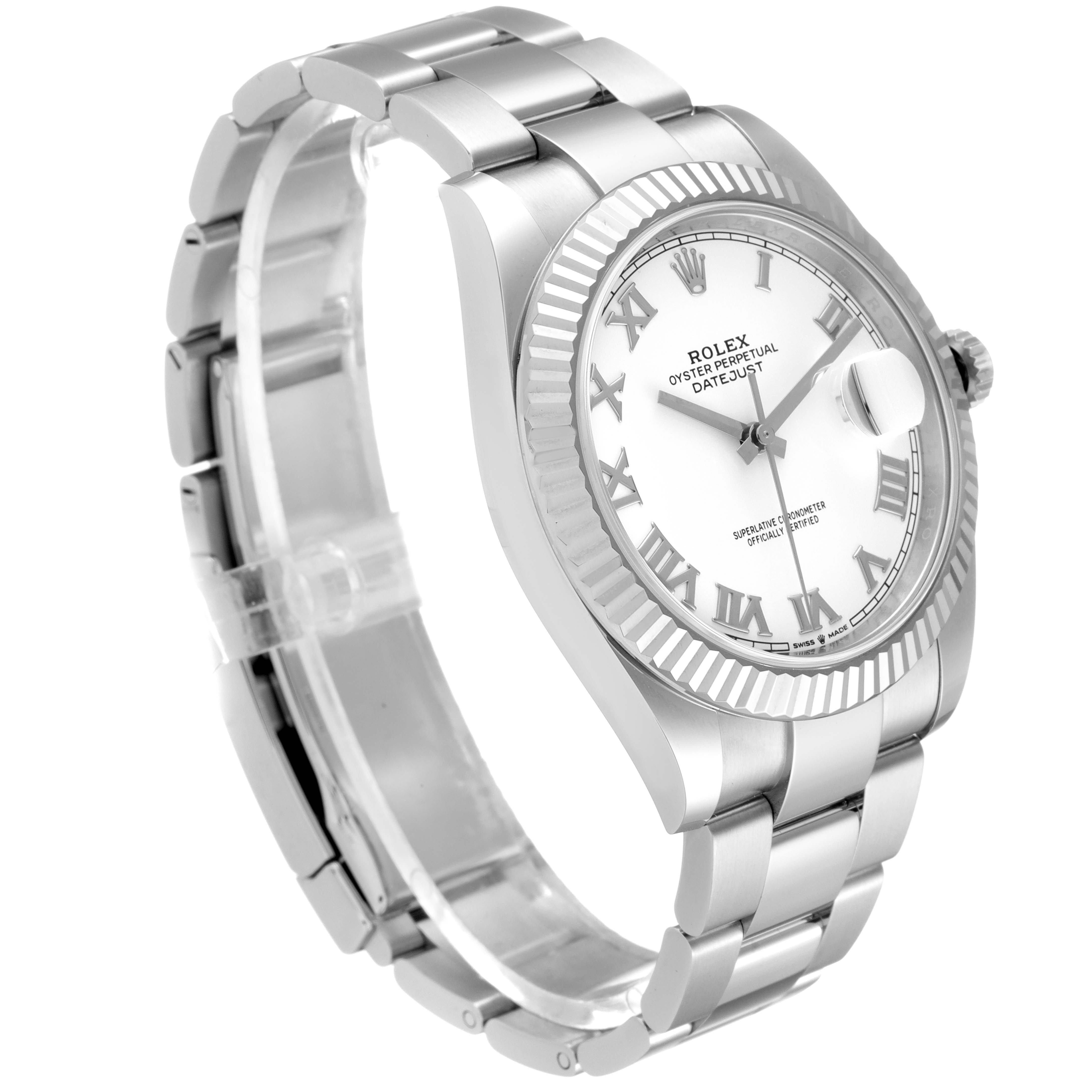The image shows a Rolex Datejust 41 126334 Men
s Stainless Steel White Dial 126334 Men
s Stainless Steel White Dial watch from an angled side view, highlighting its bracelet, bezel, and face with Roman numerals.