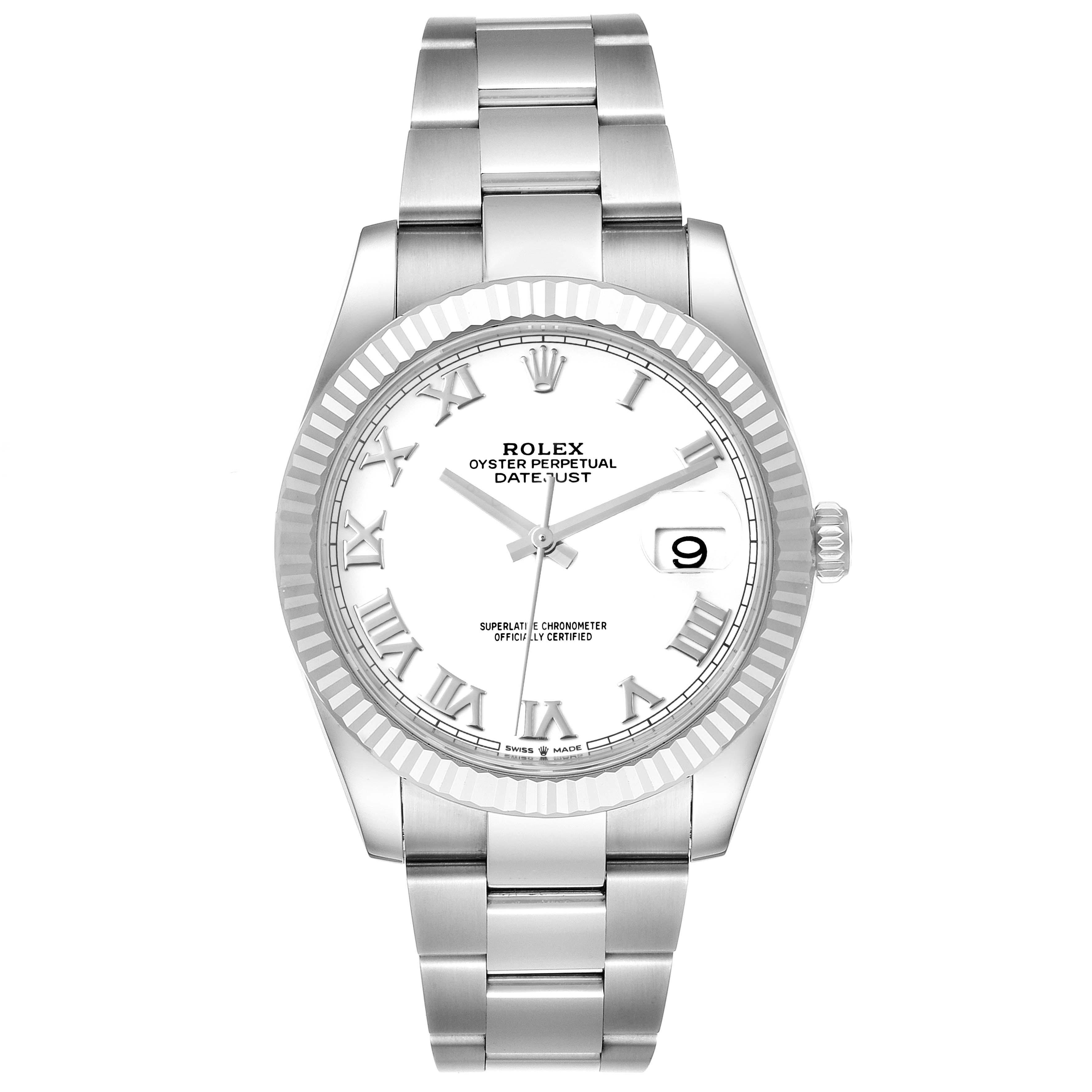 This is a front view of a Rolex Datejust 41 126334 Men
s Stainless Steel White Dial 126334 Men
s Stainless Steel White Dial watch, showcasing its face, dial, hands, date display, and bracelet.