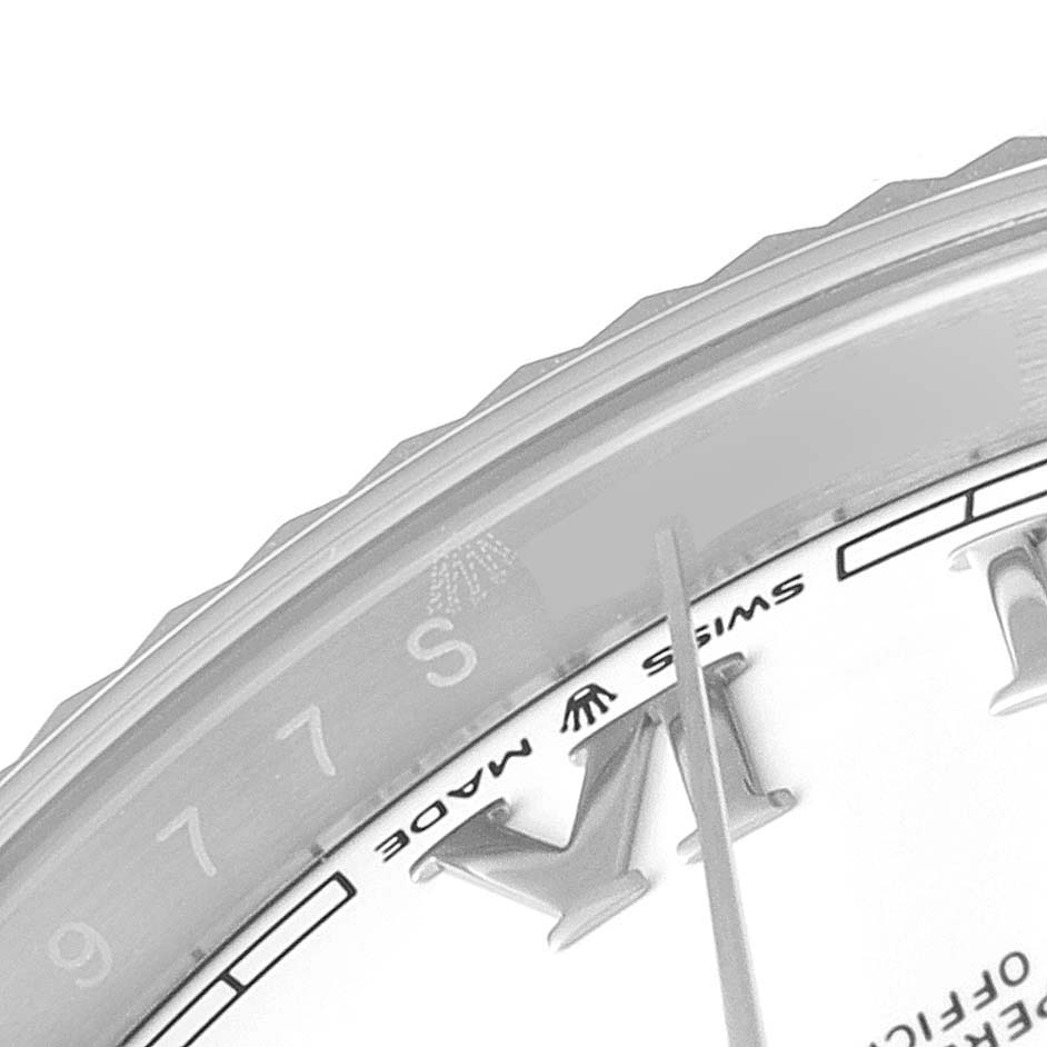 The image shows a close-up of the dial, bezel, and minute hand of a Rolex Datejust 41 126334 Men
s Stainless Steel White Dial 126334 Men
s Stainless Steel White Dial watch.